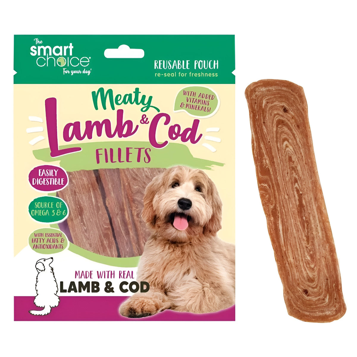 RSW Smart Choice Meaty Lamb and Cod Fillets Brown 110g Pack of 7 SC1484 | Easily Digestible | Source of Omega 3 and 6 | With Essential Fatty Acids and Antioxidants | Made with Real Lamb and Cod | With Added Vitamins and Minerals | Reusable Pouch Re-Seal for Freshness