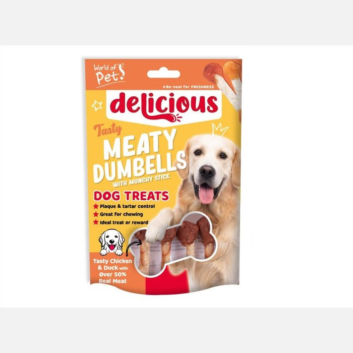 World of Pets Delicious Tasty Mealty Dumbells with Munchy Stick Dog Treats Brown 7.5cm Pack of 8 80g WP1076 | Ideal Treat or Reward | Resealable Pouch | Plaque and Tartar Control | Great for Chewing | Tasty Chicken and Duck with Over 50 Percent Real Meat