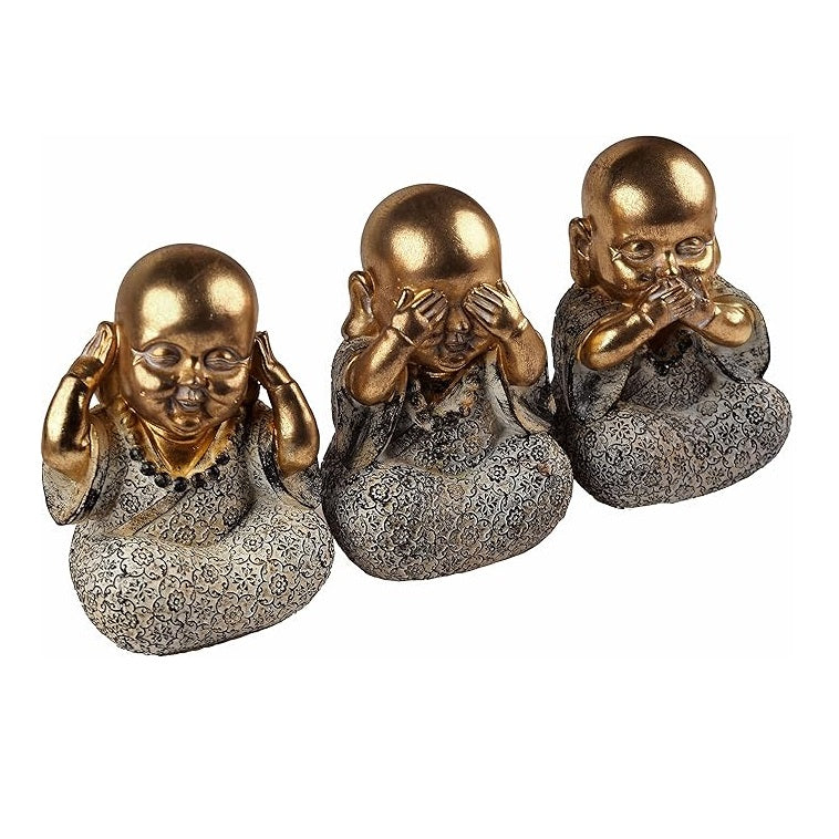 SiL Interiors Sitting Buddha Ornaments Gold and Cream Large 16cm x 14cm x 21.5cm Pack of 3 680g BU0148 | See No Evil - Hear No Evil - Speak No Evil Statues | Decorative Figurines for Home-Office or Meditation Space