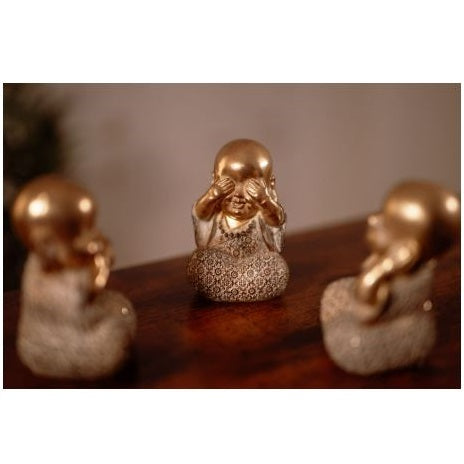 SiL Interiors Sitting Buddha Ornaments Gold and Cream Large 16cm x 14cm x 21.5cm Pack of 3 680g BU0148 | See No Evil - Hear No Evil - Speak No Evil Statues | Decorative Figurines for Home-Office or Meditation Space