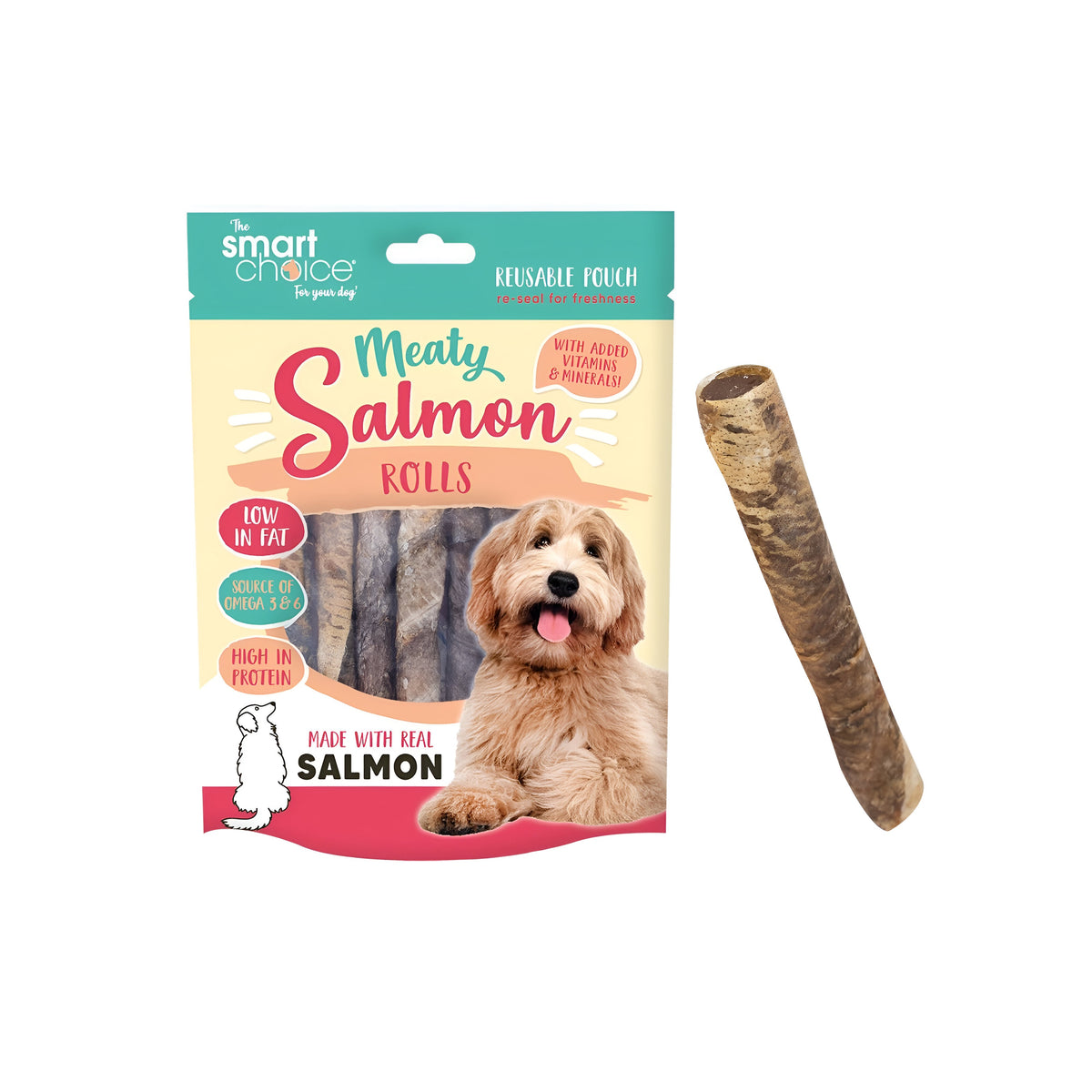 RSW Smart Choice Meaty Salmon Skin Rolls Dog Treat Brown 100g Pack of 7 SC1490 | Low in Fat | Source of Omega 3 and 6 | High in Protein | Made with Real Salmon | With Added Vitamins and Minerals | Reusable Pouch - Re-Seal for Freshness