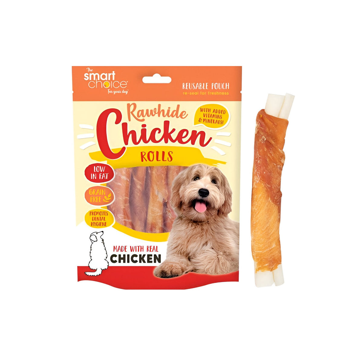 RSW Smart Choice Rawhide Chicken Rolls Dog Treat Brown 120g Pack of 8 SC1478 | Low in Fat | Grain Free | Promotes Dental Hygiene | Made with Real Chicken | With Added Vitamins and Minerals | Reusable Pouch - Re-Seal for Freshness