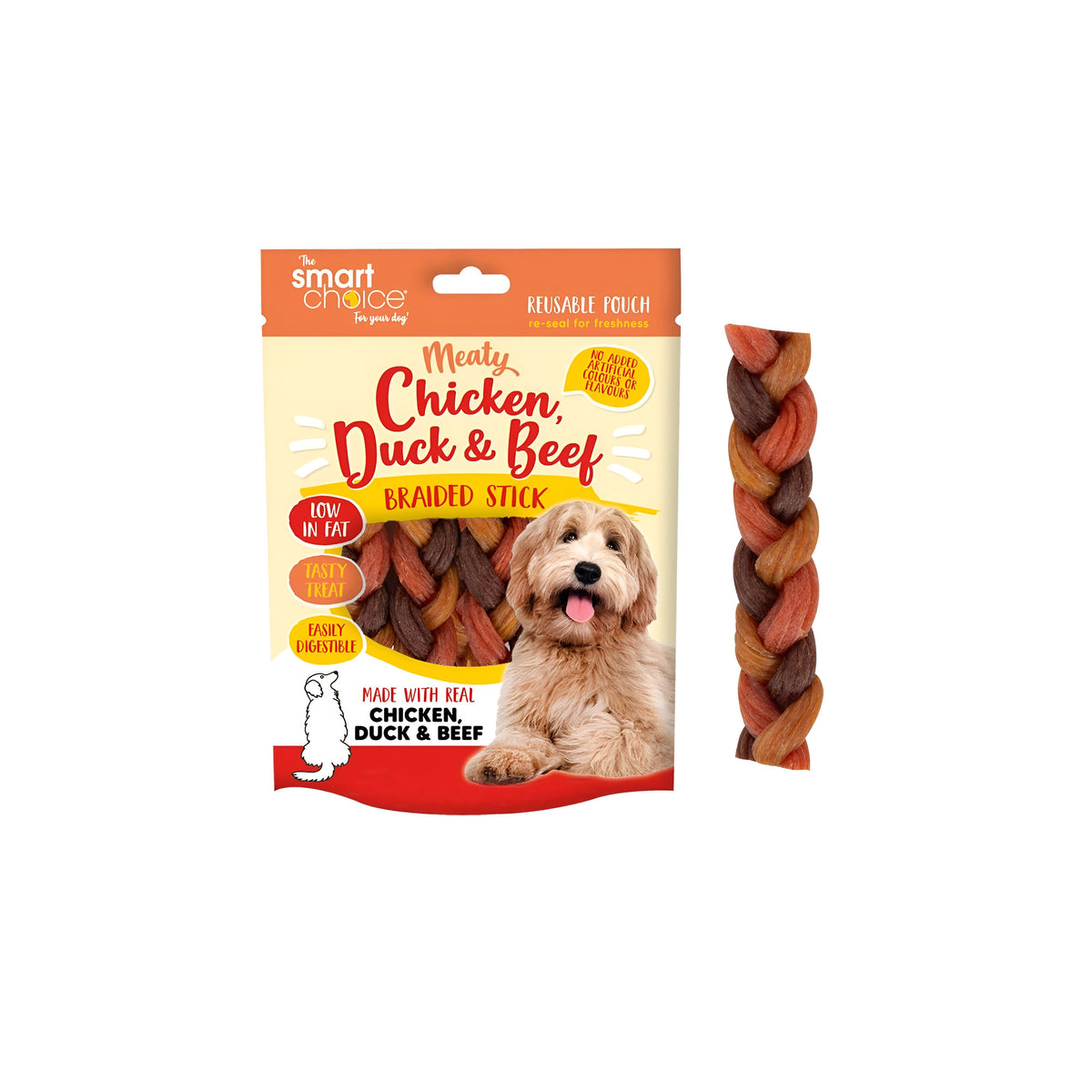 RSW Smart Choice Meaty Chicken - Duck and Beef Braided Stick Dog Treat Multicolour 120g Pack of 4 SC1733 | | Low in Fat | Tasty Treat | Easily Digestible | Made with Real Chicken - Duck and Beef | | No Added Artificial Colours or Flavours | Reusable Pouch - Re-Seal for Freshness
