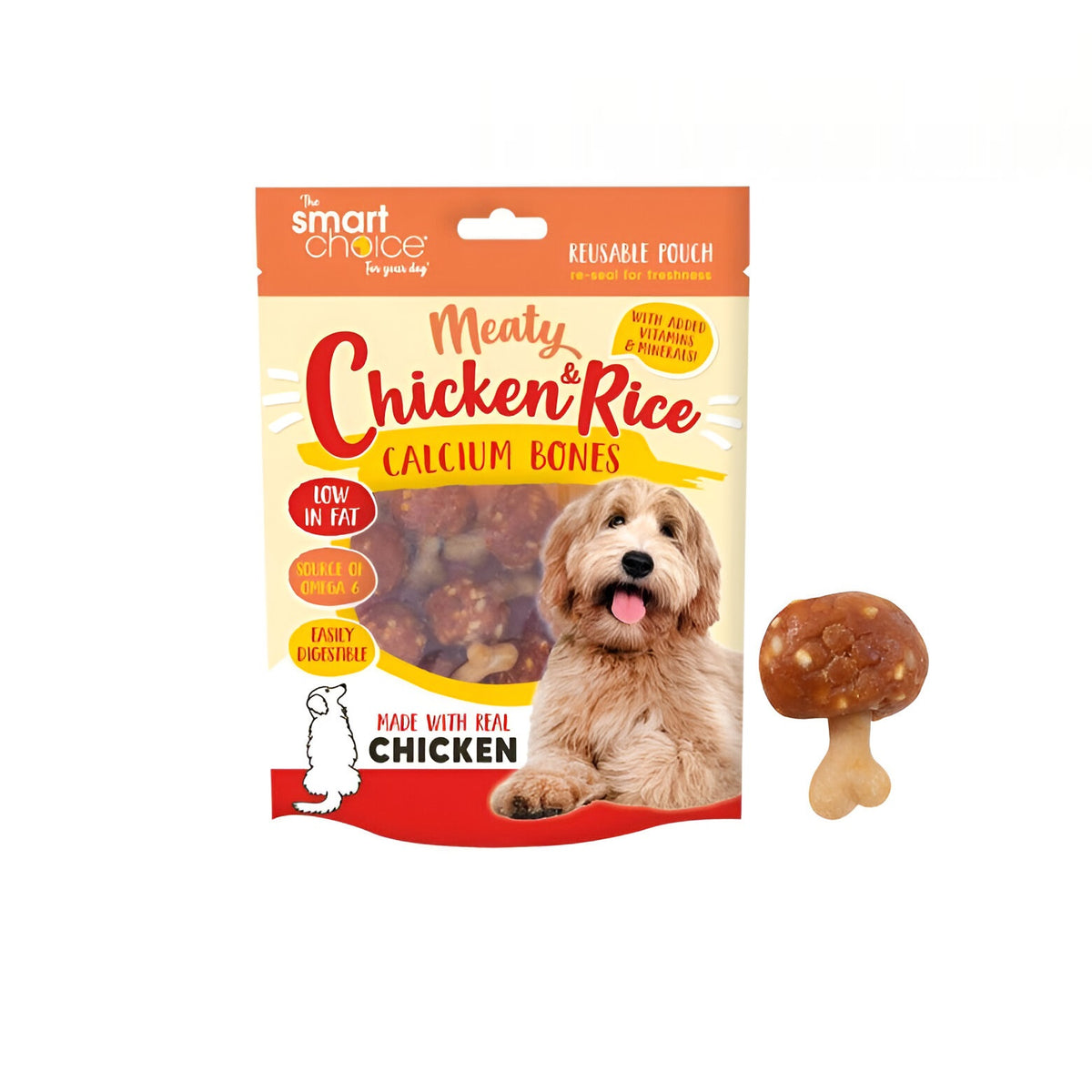 RSW Smart Choice Meaty Chicken and Rice Calcium Bones Dog Treat Brown 125g Pack of 10 SC1483 | Low in Fat | Source of Omega 6 | Easily Digestible | | Made with Real Chicken | | With Added Vitamins and Minerals | Reusable Pouch - Re-Seal for Freshness