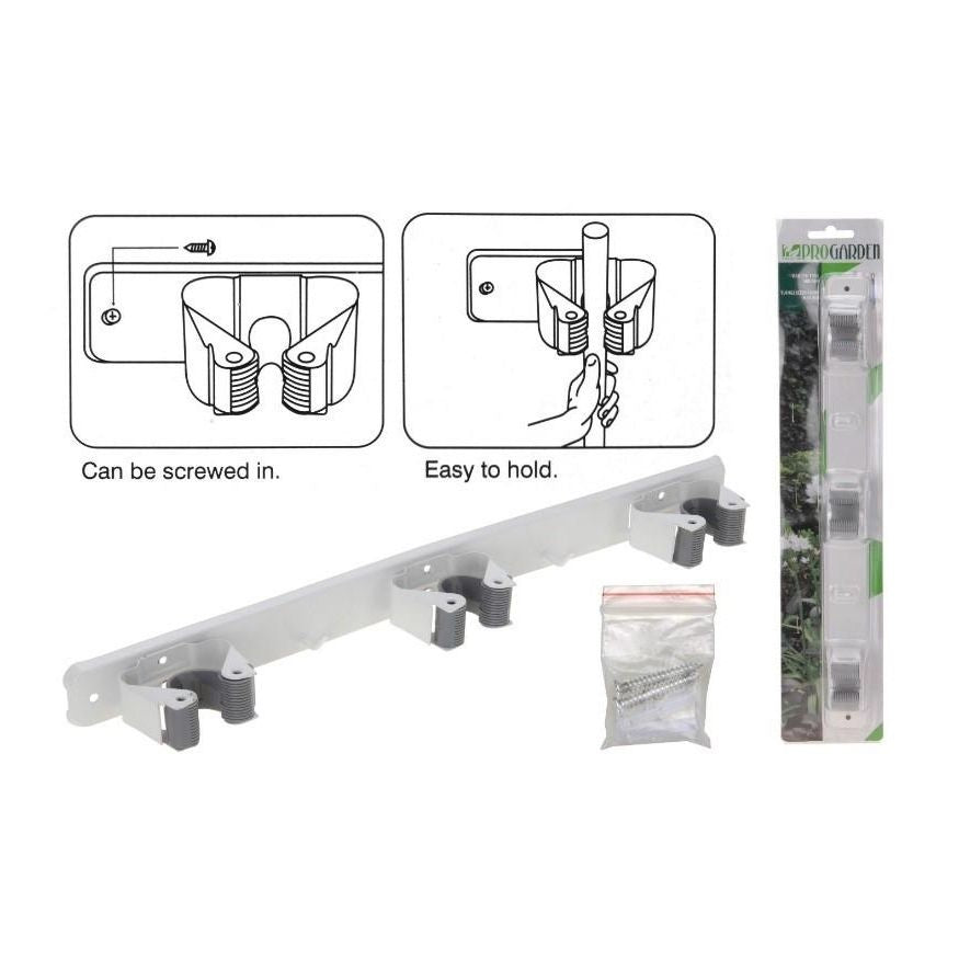Progarden Wall Mount Garden Tool Holder Wall Mount White and Black 43cm x 8.4cm x 6cm CY4650890 | 3 Slot Storage Rack with Grip Clips | Organiser for Brooms-Rakes-Mops and Garden Tools