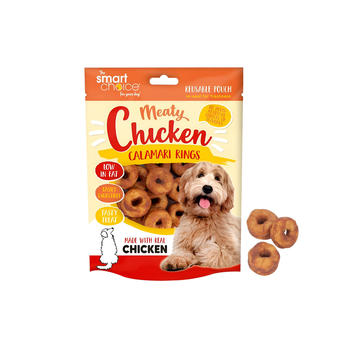 RSW Smart Choice Meaty Chicken Calamari Rings Dog Treat Brown 130g Pack of 26 SC1598 | Low in Fat | Easily Digestible | Tasty Treat | Made with Real Chicken | No Added Artificial Colours or Flavours | Reusable Pouch - Reseal for Freshness