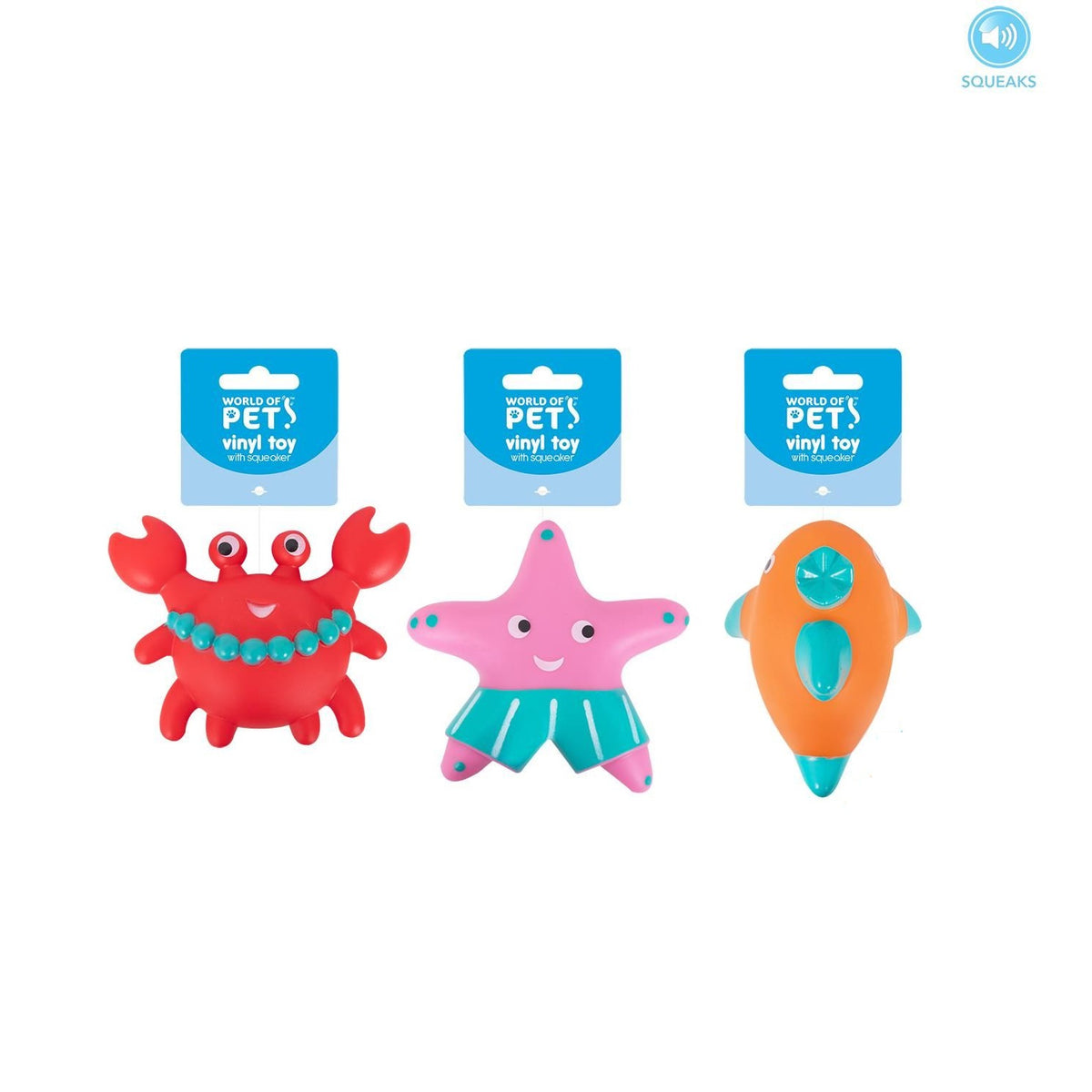 World of Pets Under The Sea Venyl Dog Toy with Squeaker Assorted Colours Pack of 1 WP1494 | Robust Rubber and Lightweight | Promotes Dental Hygiene | Great for Games of Throw and Fetch | Three Assorted Designs Starfish-Crab and Fish