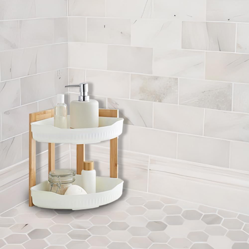 Bathroom Solutions 2-Tier Bathroom Rack White 24cm x 24cm x 27cm 170491870 | Bamboo and Plastic Storage Organizer | For Toiletries-Lotions and Essentials | Compact Shower Shelf