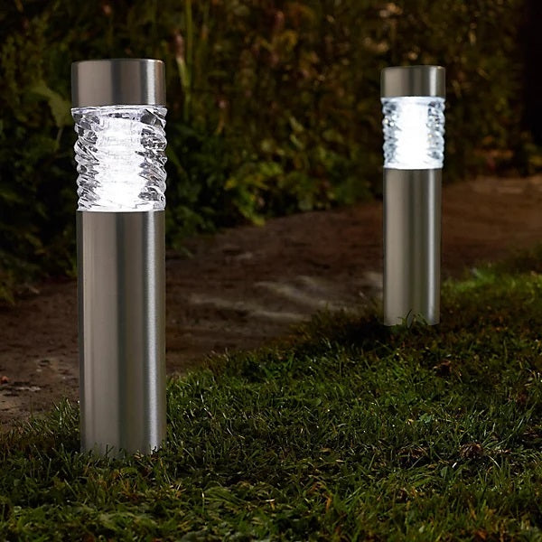 SuperBright Stainless Steel Solar LED Bollard Light Silver 6cm x 27cm DT3000320 | Brushed Stainless Steel Finish | Modern Outdoor Pathway Garden Lamp | Warm White Lighting | Weatherproof with Ribbed Glass Lens