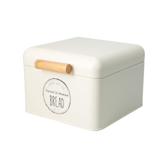 Natural and Premium Vintage Metal Bread Box with Lid White 22cm x 20cm x 14cm C80653710 | Container with Wooden Handle | For Bread-Pastries and Baked Goods