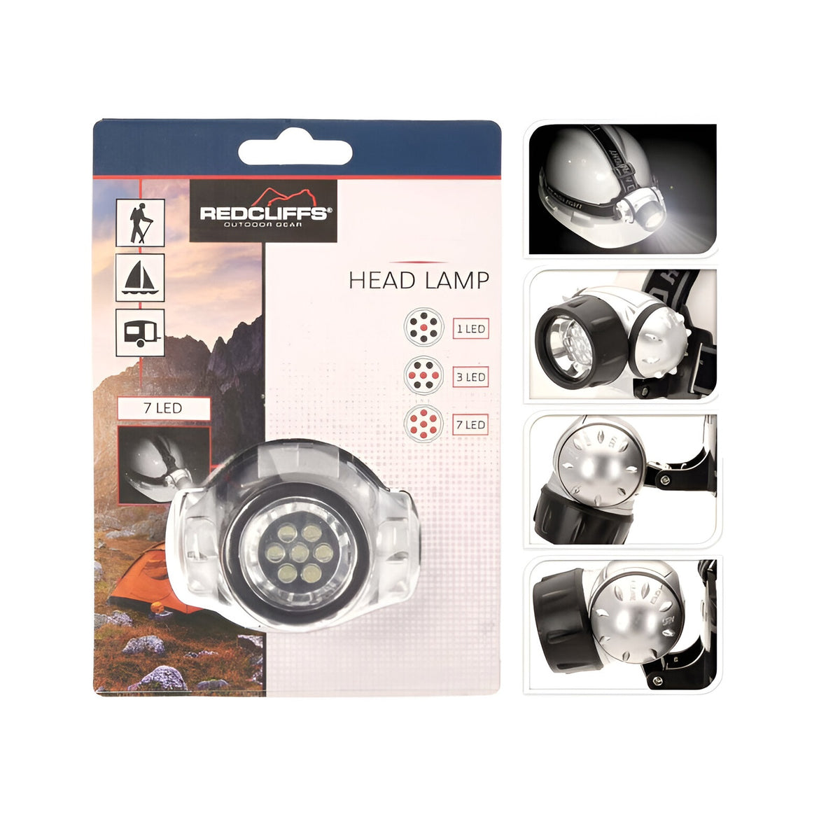 RedCliffs Outdoor Gears 3 Function LED Head Lamp Assorted 7cm x 6cm x 4cm CX3000620 | 1 LED | 3 LED | 7 LED