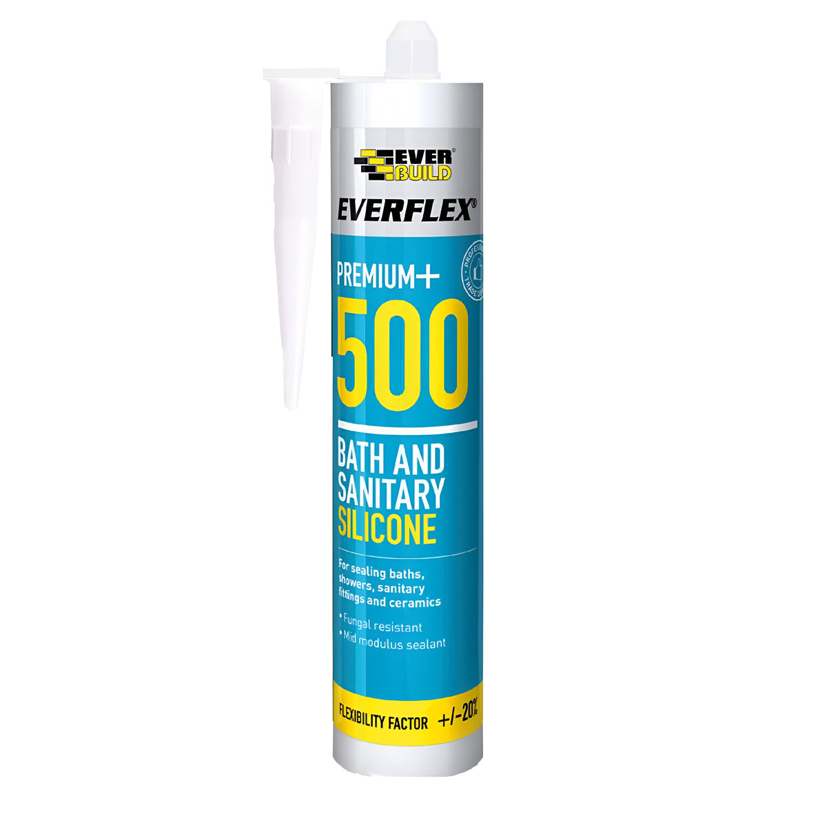 Everbuild Everflex Premium Plus 500 Bath and Sanitary Silicone White Standard Cartridge 500WE | For Sealing Baths-Showers-Sanitary-Fittings and Ceramics | Fungal Resistant | Mid Modulus Sealant