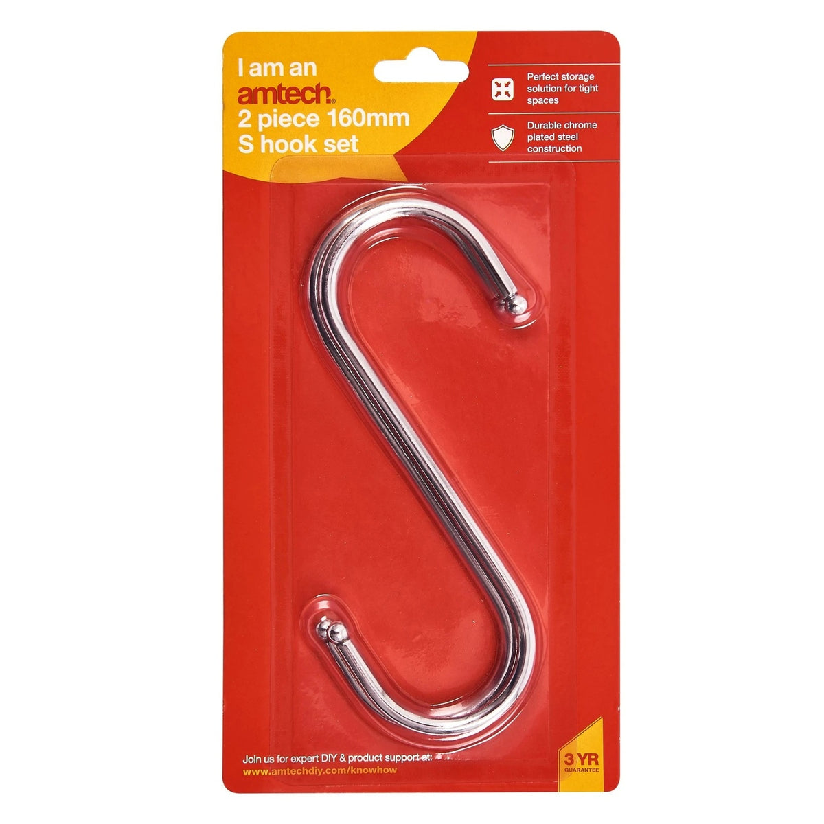 Amtech S Hook Set Chrome 160mm Pack of 2 S4290 | Perfect Storage Solution for Tight Spaces | Durable Chrome Plated Steel Construction
