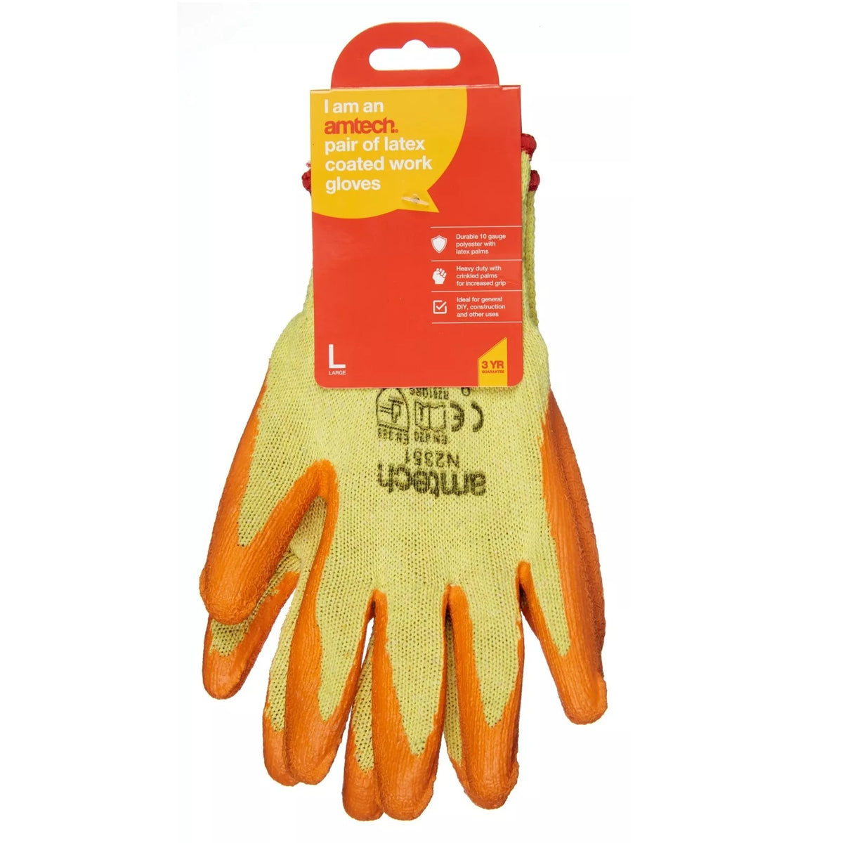 Amtech Heavy Duty Latex Coated Work Gloves Orange and Yellow Large N2351 | Durable 10 Gauge Polyester with Latex Palms | Heavy Duty with Crinkled Palms for Increased Grip | Ideal for General DIY Construction and Other Uses