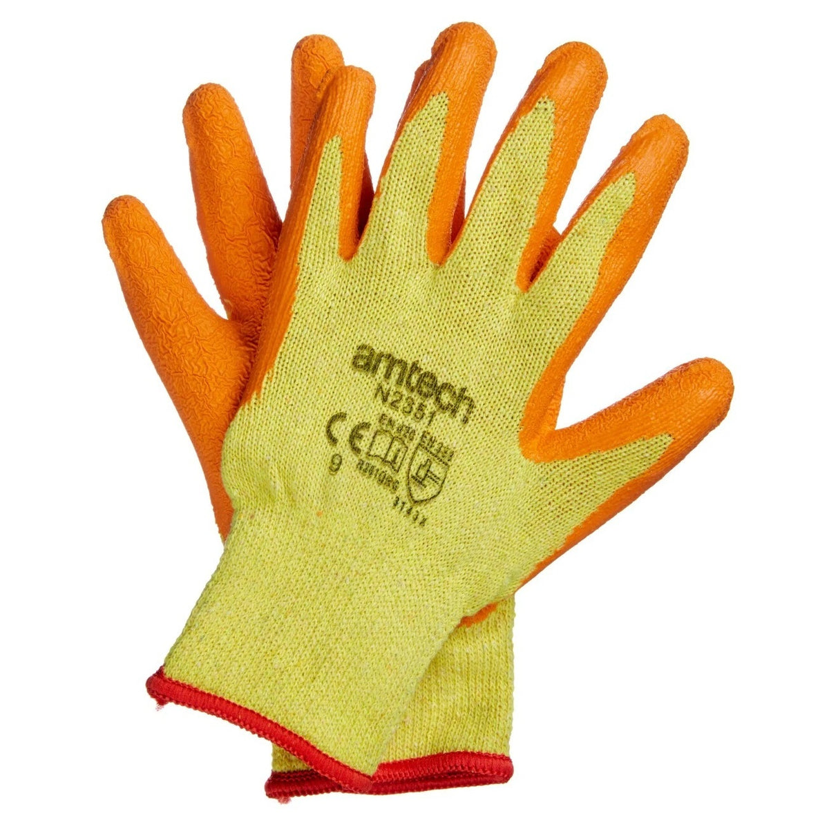 Amtech Heavy Duty Latex Coated Work Gloves Orange and Yellow Large N2351 | Durable 10 Gauge Polyester with Latex Palms | Heavy Duty with Crinkled Palms for Increased Grip | Ideal for General DIY Construction and Other Uses
