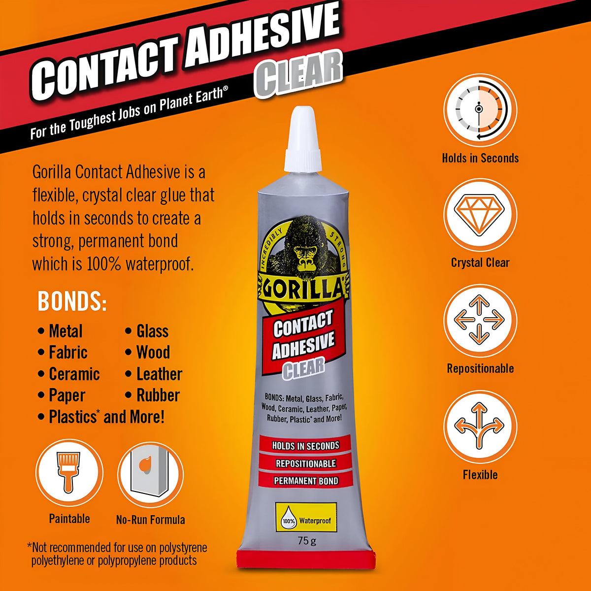 Gorilla Contact Adhesive Glue Clear 75g 3542 | Holds in Seconds | Repositionable | Permanent Bond | Waterproof | Bonds Metal - Glass - Fabric - Wood - Ceramic - Leather Paper - rubber - Plastic and More