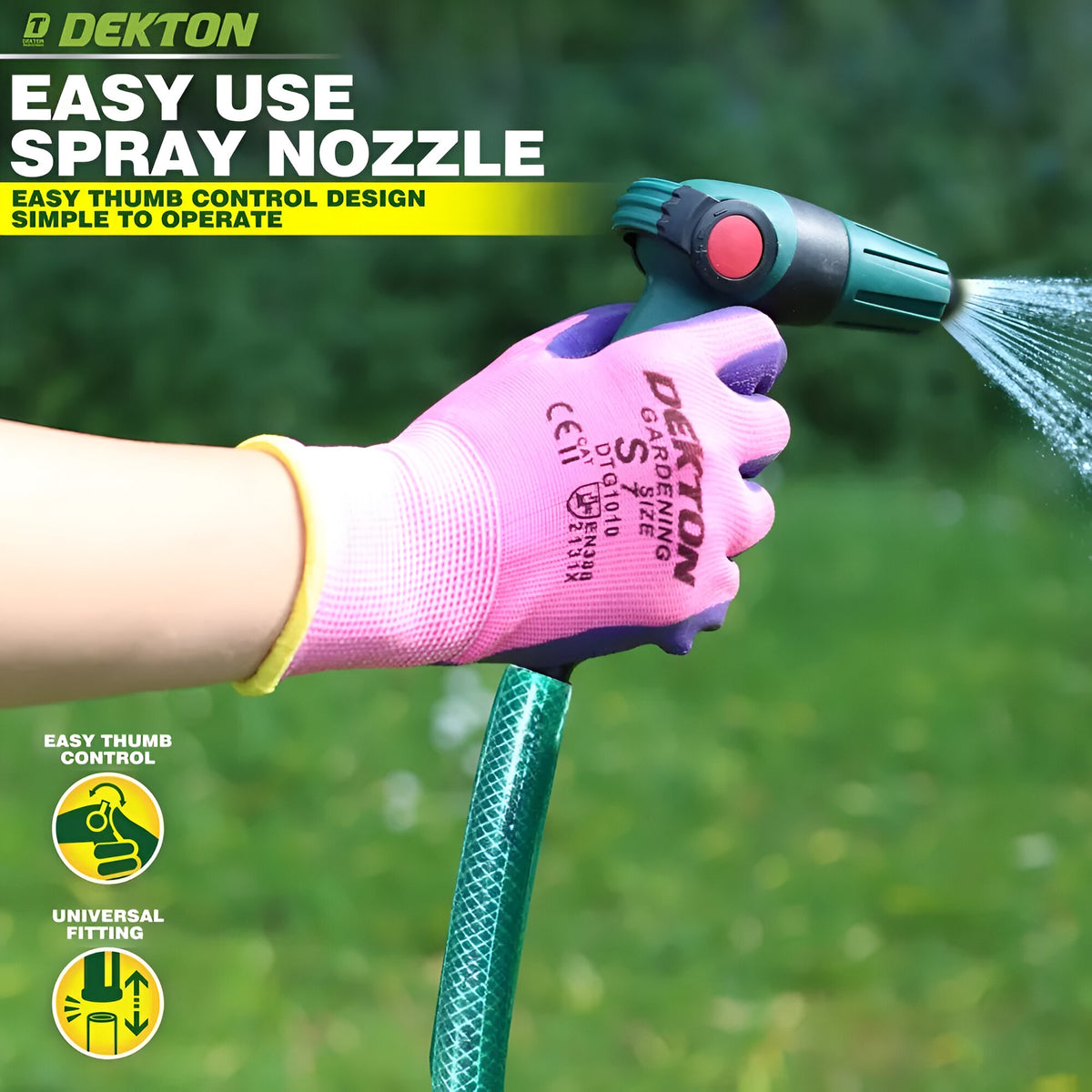 Dekton Easy Use Spray Nozzle Dark Green DTG6140 | Easy Thumb Control | universal Fitting | Thumb Controls On-Off and Water Flow | Fits All Types of 0.75-Inch | Soft Non-Slip Grip | Ergonomic Design