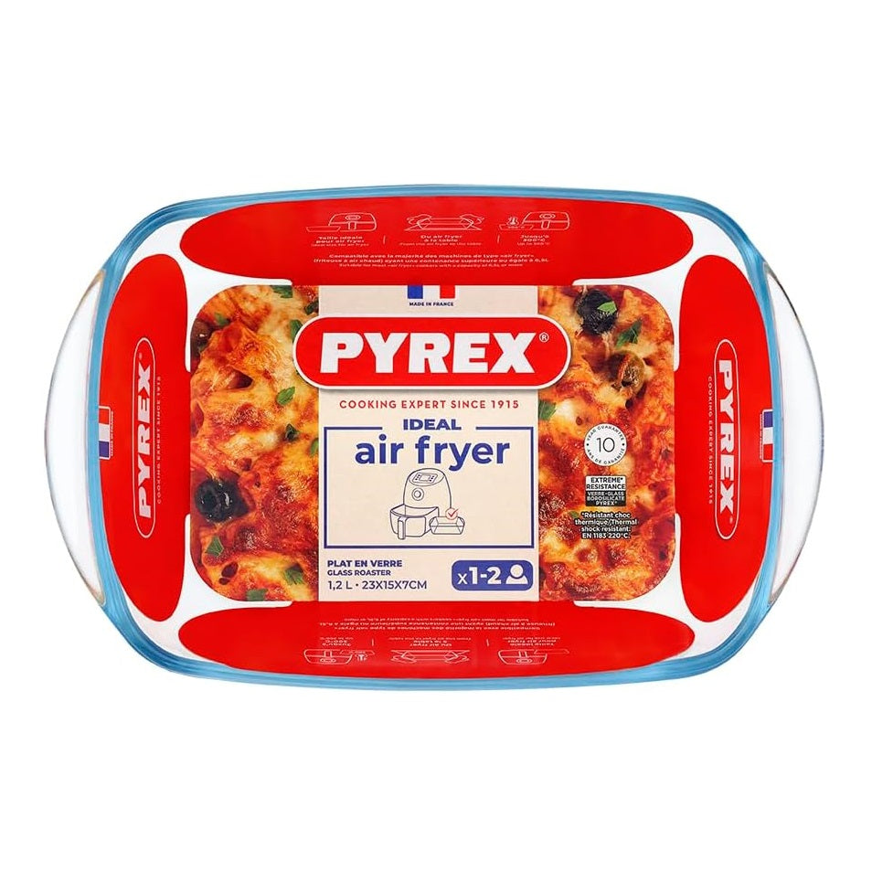 Pyrex Rectangular Glass Roaster Dish for Air Fryer Clear 23cm x 15 x 7cm 1.2Ltr 215B100 | Borosilicate Glass Bakeware | Oven-Microwave and Dishwasher Safe | Thermal Shock Resistant | Ideal for 1–2 Servings