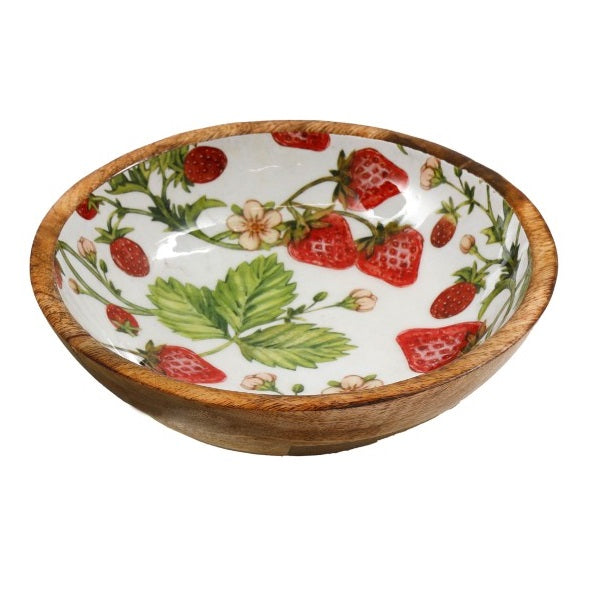 SiL Wooden Strawberry Field Enamel Bowl Multicoloured 18cm x 18cm x 7cm 219g KG3714 | Decorative Mango Wood Serving Bowl | Fruit Salad Bowl | Eco-Friendly