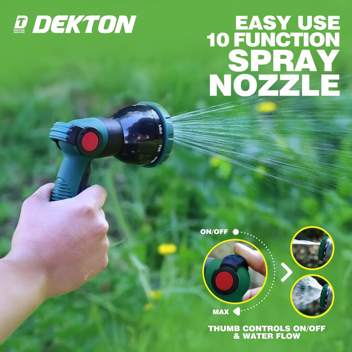 Dekton 10-Function Garden Spray Nozzle Green and Black DTG6150 | Multi-Pattern Hose Attachment | Easy Thumb Control | Ergonomic Grip | Jet-Mist-Shower-Centre and More | Simple to Operate
