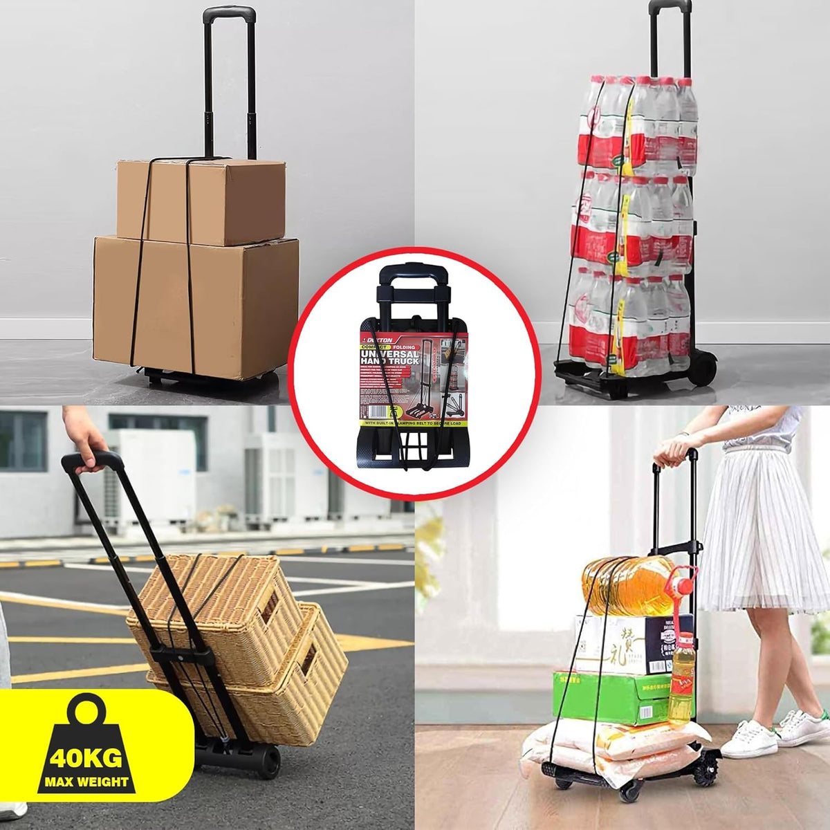 Dekton Universal Hand Truck Black 40Kg DT50715 | Compact Folding | Extendable | With Built-In Clamping Belt to Secure Load | Ideal for Shopping - Camping or Home | Perfect for the Boot of your Car