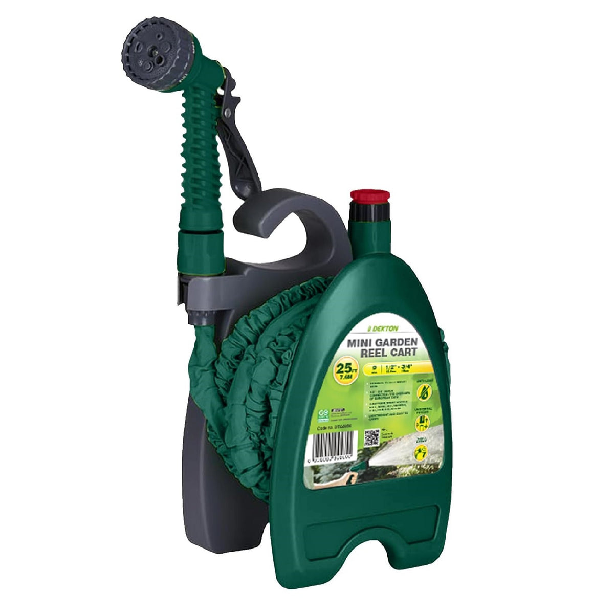 Dekton Mini Garden Reel Cart with 25Ft Expandable Hose Green and Grey 12.5mm x 19mm DTG6050 | Anti-Leak | Universal Fitting | 7-in-1 Spray | Lightweight and Easy to Carry | 7-Pattern Spray Nozzle - Full - Mist - Jet - Shower - Flat - Centre and Cone