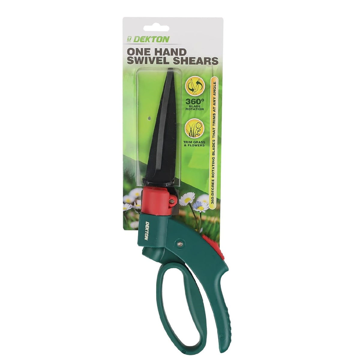 Dekton One Hand Swivel Shears Green DTG5040 | 360 Degree Blade Rotation | Trim Glass and Flowers | Lightweight and Flexible for 360 Degree Swivel Trimming | 360 Degree Rotating Blades that Trims at any Angle | Ideal for Trimming Grass and Flowers with Ease | High Quality - Sharpened Carbon Steel Blades | Thumb Lock for Safe Blade Closure | Ergonomically Designed Soft-Grip Handle for Added Comfort