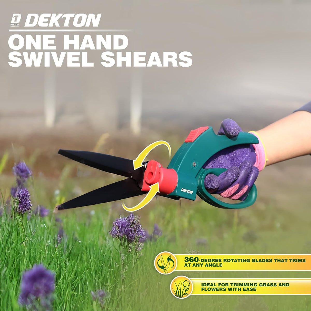 Dekton One Hand Swivel Shears Green DTG5040 | 360 Degree Blade Rotation | Trim Glass and Flowers | Lightweight and Flexible for 360 Degree Swivel Trimming | 360 Degree Rotating Blades that Trims at any Angle | Ideal for Trimming Grass and Flowers with