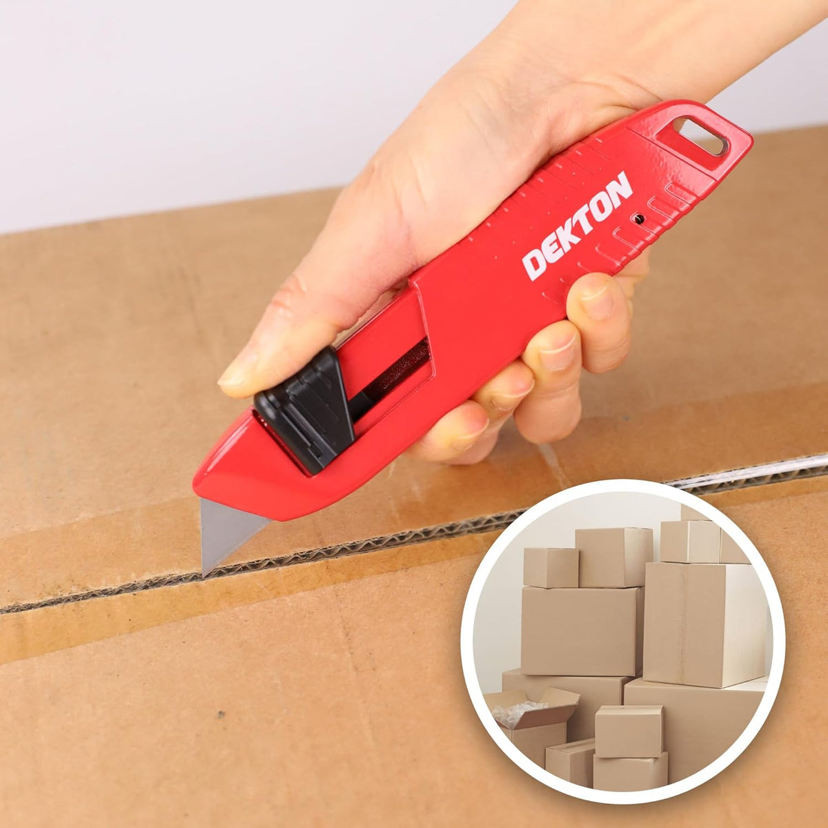 Dekton Self-Retracting Utility Knife Red 6-Inch DT60121 | Heavy Duty | Ideal for Cutting Card - Paper - Leather - Carpet and More | Self Retracting Blade | Ideal for Cutting Vinyl - Rubber - Plastics and Carpet | Ergonomic Design for Comfortable Use