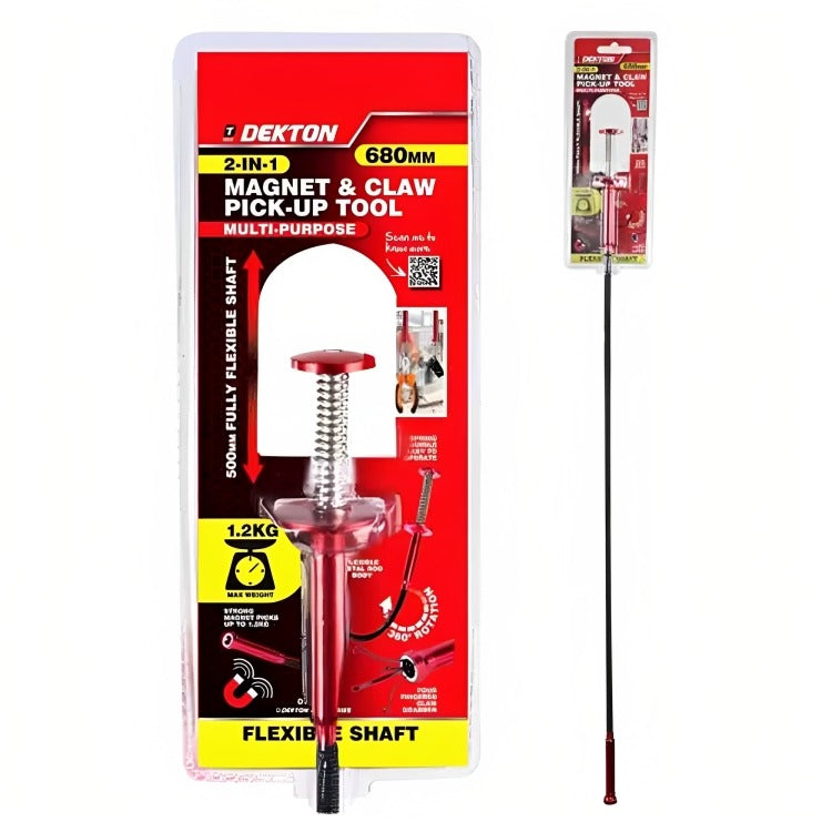 Dekton Multipurpose 2-in-1 Magnet and Claw Pick Up Tool Black and Red 680mm DT60728 | 500mm Fully Flexible Shaft | Spring Handle Easy to Operate | Flexible Metal Rod Body | Strong Magnet Picks Upto 1.2Kg | Four Fingered Claw Grabber