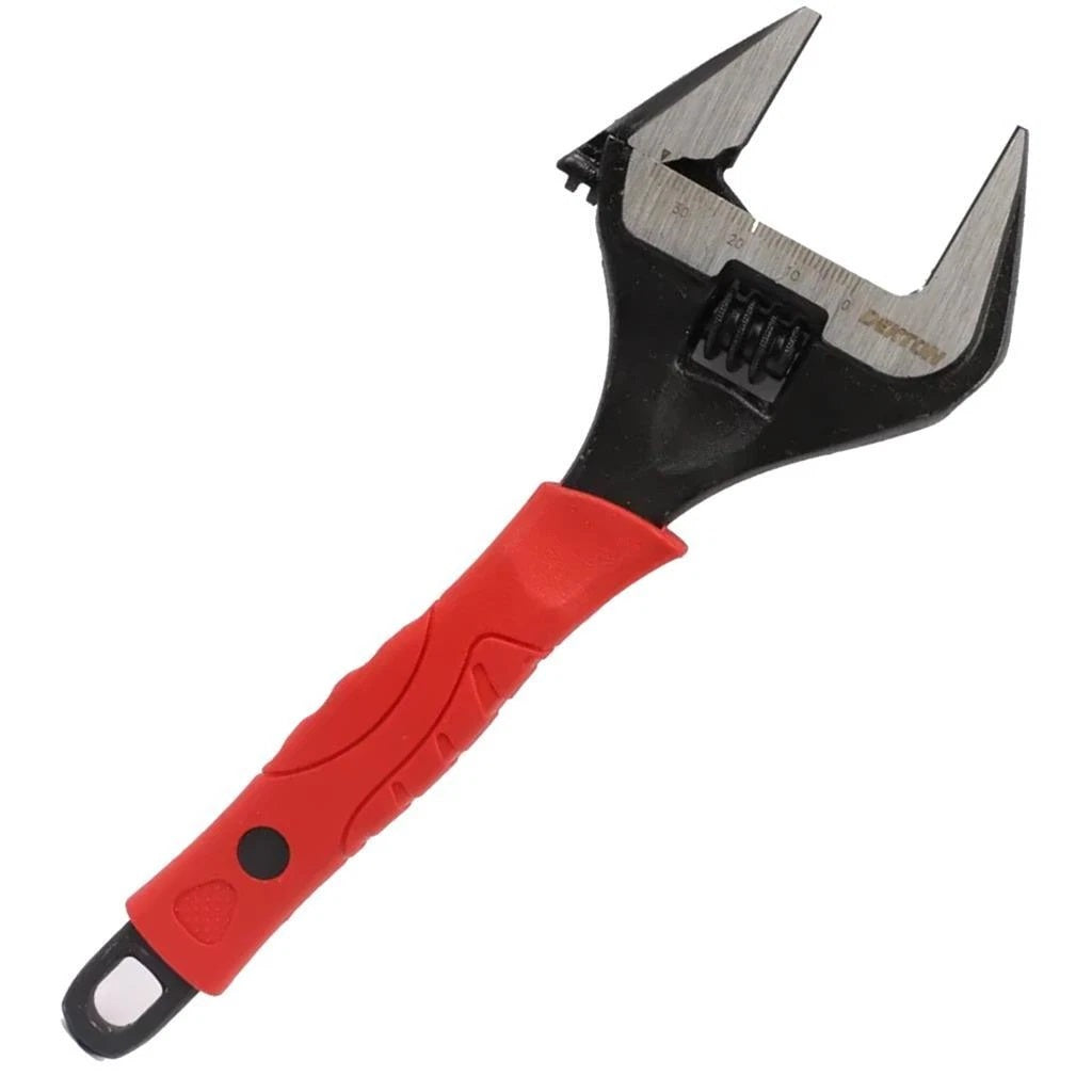 Dekton Ultra Wide Jaw Stubby Adjustable Wrench Red and Black 8-Inch DT20126 | Slim Head and Pointed Jaws Ideal for Use in Narrow Spaces | Measurement Scale Engraved on Wrench