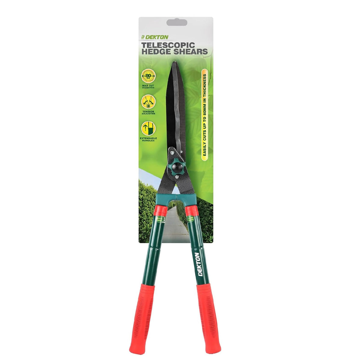 Dekton Telescopic Hedge Shears Multicolour 62cm DTG5145 | 8mm Max Cut Diameter | tension Adjuster | Extendable Handles | High-Quality, Carbon Steel Blades | Lightweight Handles Adjust from 62cm to 80cm | Soft-Grip PVC Coated Handles