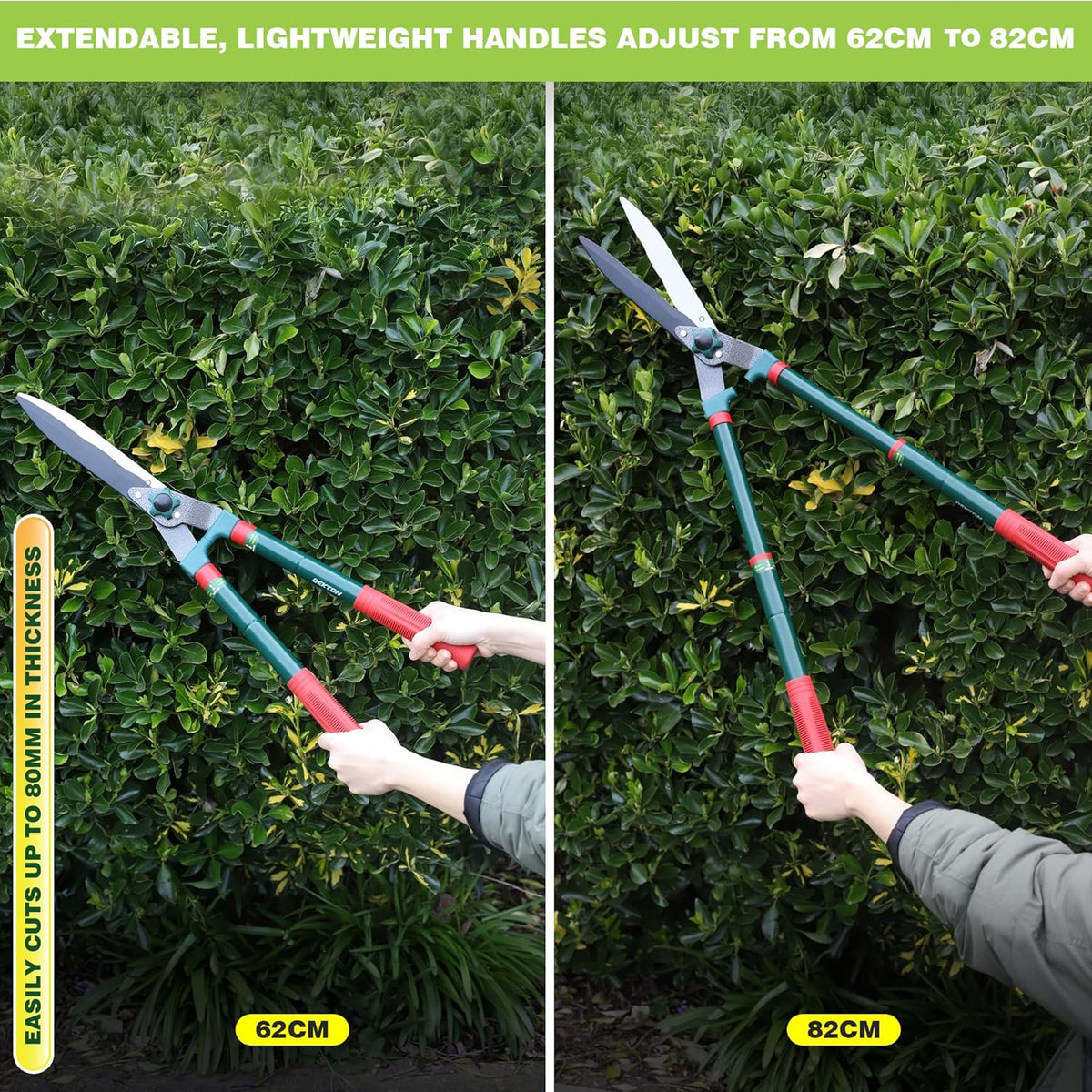 Dekton Telescopic Hedge Shears Multicolour 62cm DTG5145 | 8mm Max Cut Diameter | tension Adjuster | Extendable Handles | High-Quality, Carbon Steel Blades | Lightweight Handles Adjust from 62cm to 80cm | Soft-Grip PVC Coated Handles