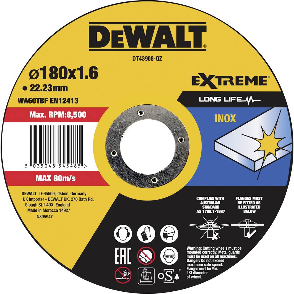 Dewalt Extreme Inox Cutting Disk Black and Yellow 180mm x 1.6mm x 22.23mm DT43908-QZ | Max RPM 8,500 | Long Life