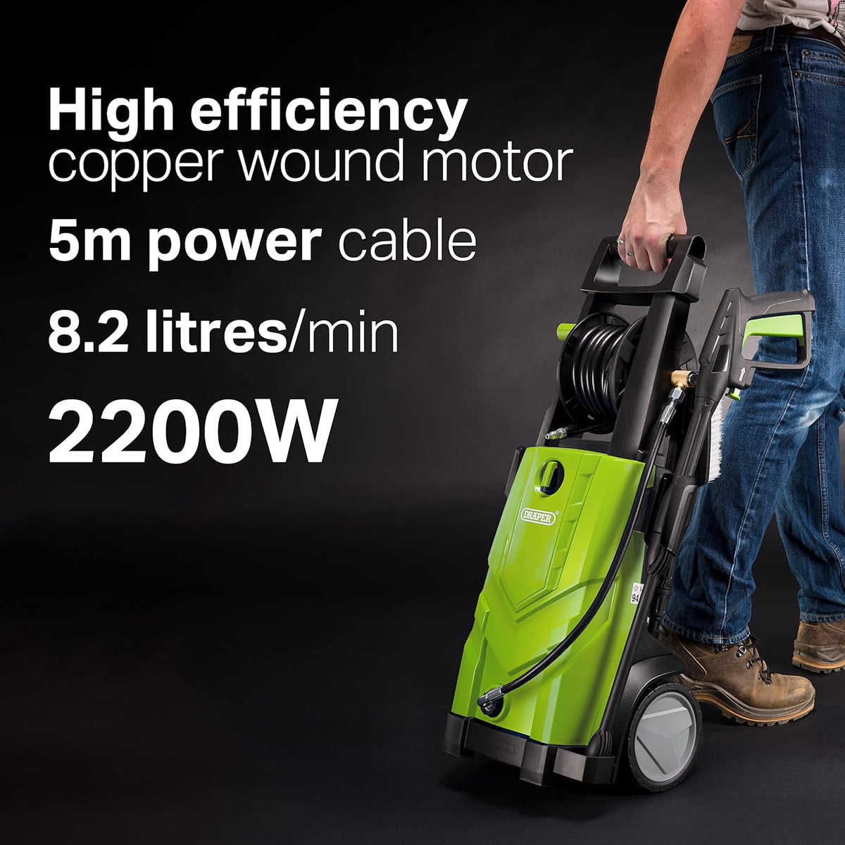 Draper 165 Bar Pressure Washer Black and Green 2200W 230V-240V 8.2 Max Litre-Min 03095 | Auto Control with Total Stop Device Saves Water, Prolongs Pump and Motor Life | 6 Meter High Pressure Hose with Integrated Reel | Integrated Detergent Bottle