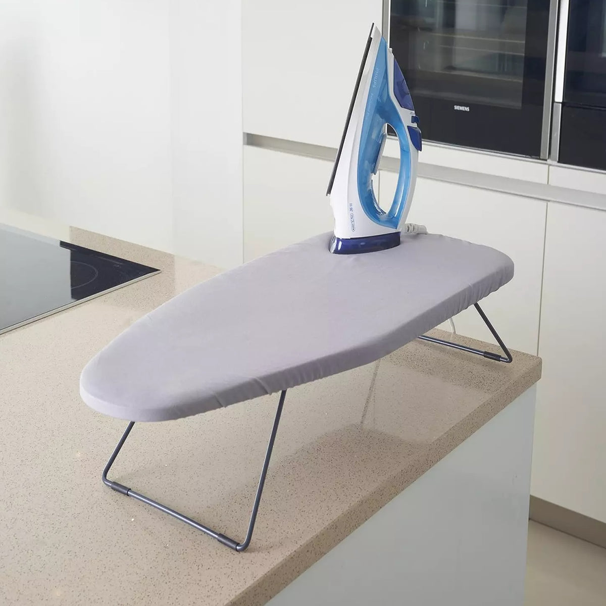 Our House Table Top Ironing Board Grey 34cm x 74cm SR20251 | Ideal for Apartments Utility Rooms and City Living | Mesh Top Ironing Surface with 100 Percent Cotton Cover | Hanging Hook for Compact Storage Solutions | Non Slip Feet Fold Flat for Easy Storage