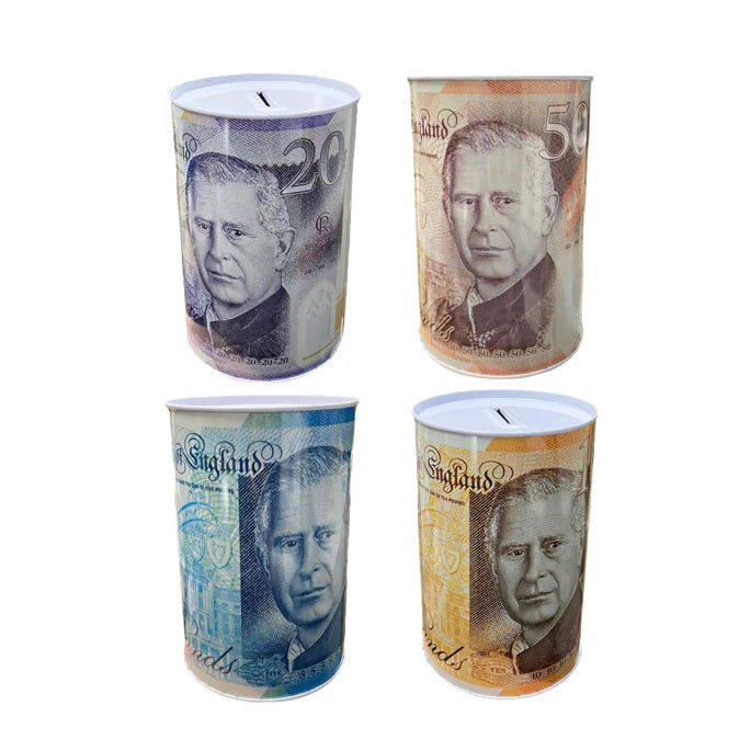 More For You Store King Charles Pound Note Design Money Saving Tin Assorted Colours Small 100mm x 150mm Pack of 1 TIN004K | Gift Tin for Coins | £5 £10 £20 £50 Note Print Coin Savings Boxes | Novelty Metal Storage Tins