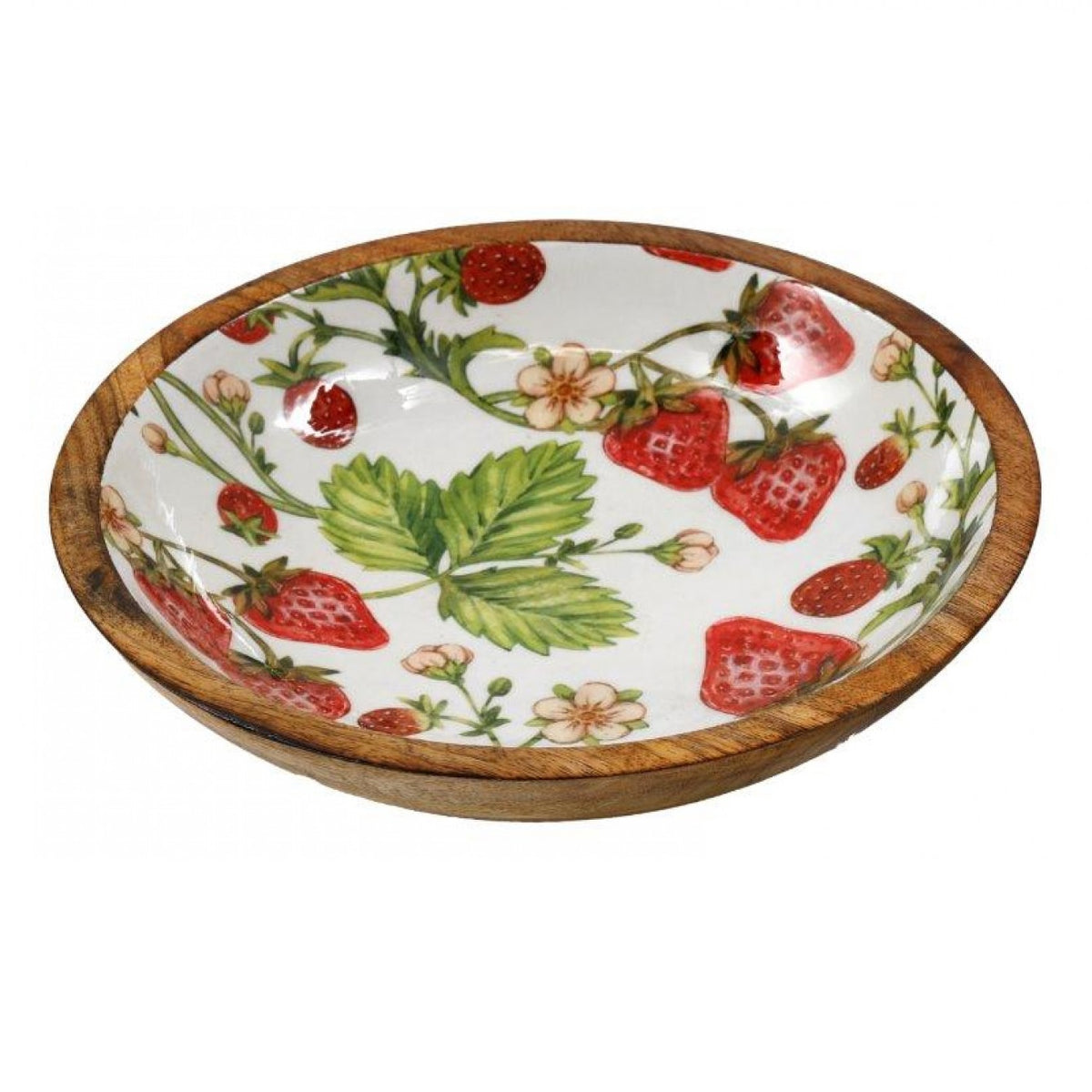 SiL Wooden Strawberry Field Enamel Bowl Multicoloured Large 25cm x 25cm x 7cm 517g KG3713 | Decorative Mango Wood Serving Bowl | Fruit Salad Bowl | Eco-Friendly