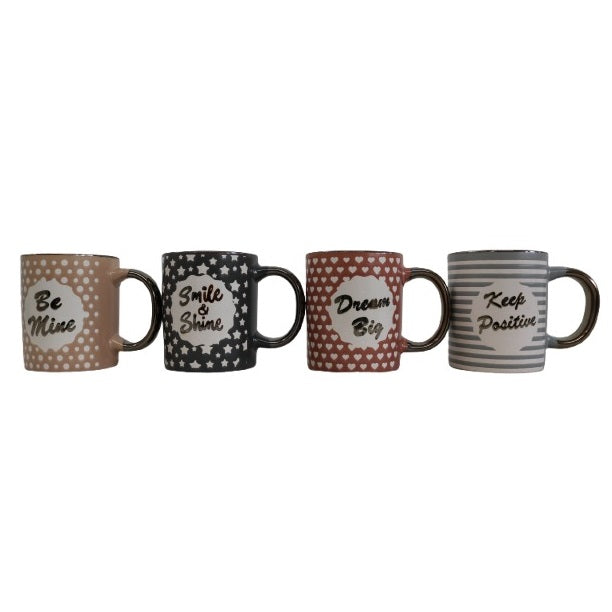 Inspirational Stoneware Coffee Mugs Assorted Colours Pack of 1 310ml DN1801070 | 4 Assorted Motivational Quote Mugs | Stylish Printed Design | Perfect for Coffee-Tea