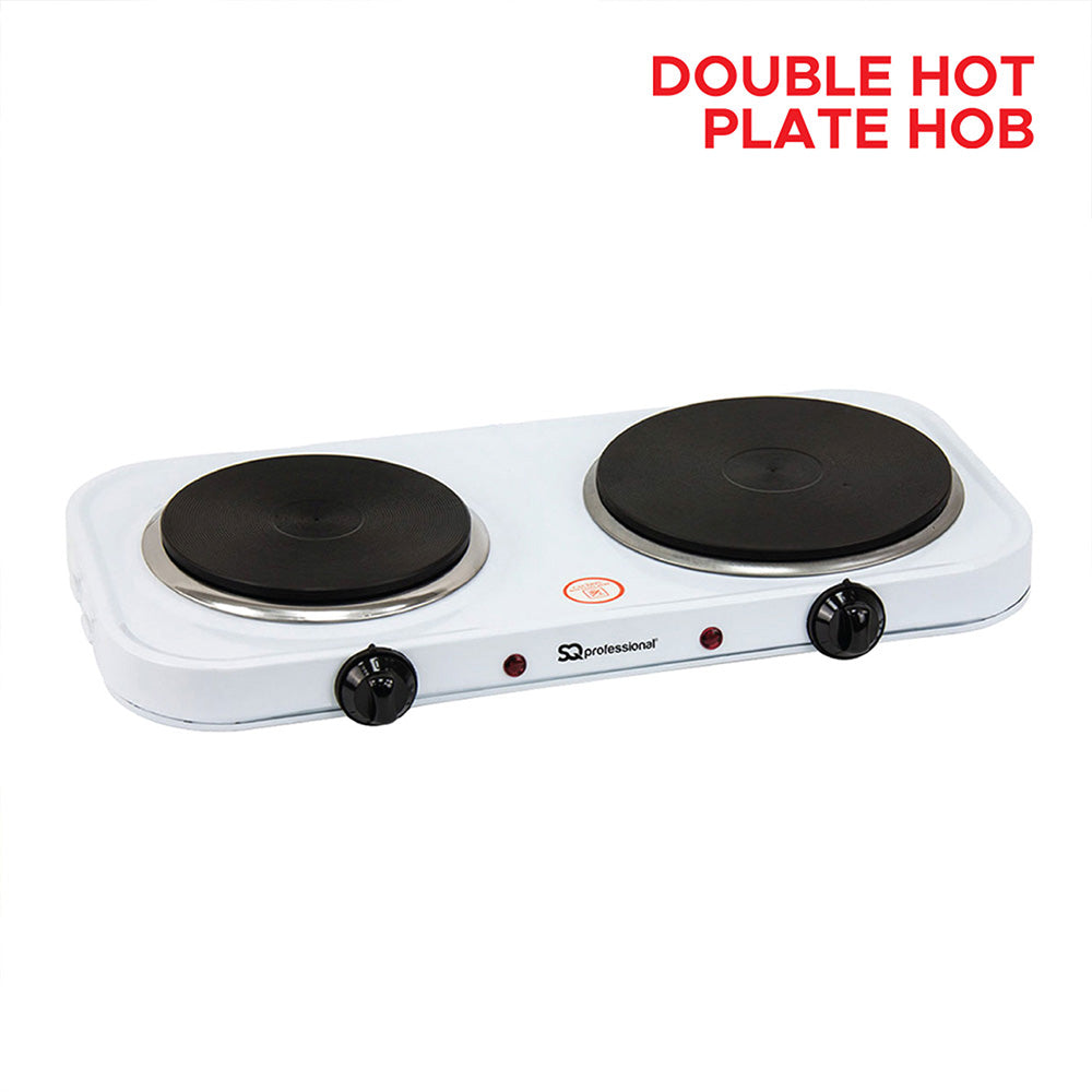 SQ Professional Double Hot Plate Hob Silver 235mm x 460mm x 65mm 4010 | Electric Twin Burner Cooktop | Dual Ring | 155mm and 185mm Hot Plate | 5-Level Variable Heat Control | 1000W–1500W | Power-On Light | Anti-Slip Feet | Lightweight and Easy Cleaning