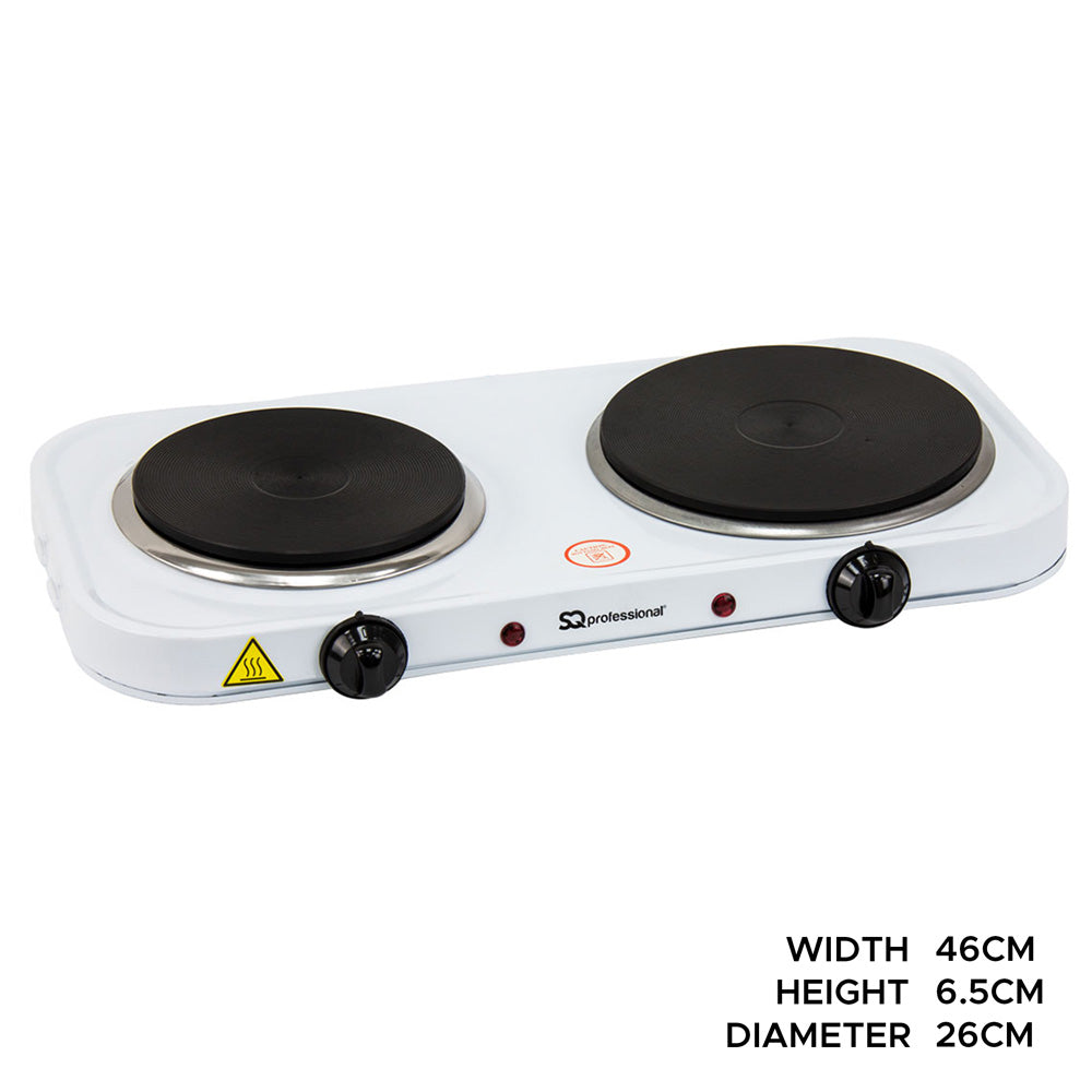SQ Professional Double Hot Plate Hob Silver 235mm x 460mm x 65mm 4010 | Electric Twin Burner Cooktop | Dual Ring | 155mm and 185mm Hot Plate | 5-Level Variable Heat Control | 1000W–1500W | Power-On Light | Anti-Slip Feet | Lightweight and Easy Cleaning