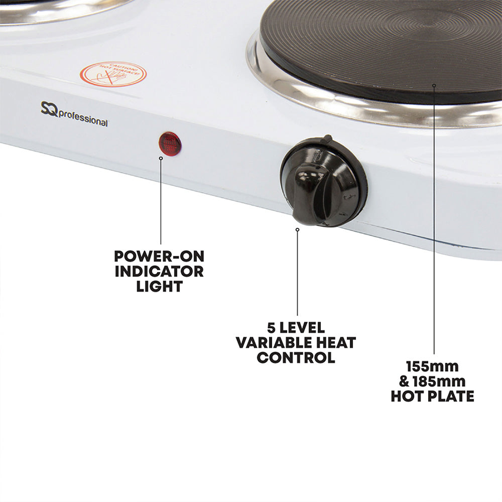 SQ Professional Double Hot Plate Hob Silver 235mm x 460mm x 65mm 4010 | Electric Twin Burner Cooktop | Dual Ring | 155mm and 185mm Hot Plate | 5-Level Variable Heat Control | 1000W–1500W | Power-On Light | Anti-Slip Feet | Lightweight and Easy Cleaning