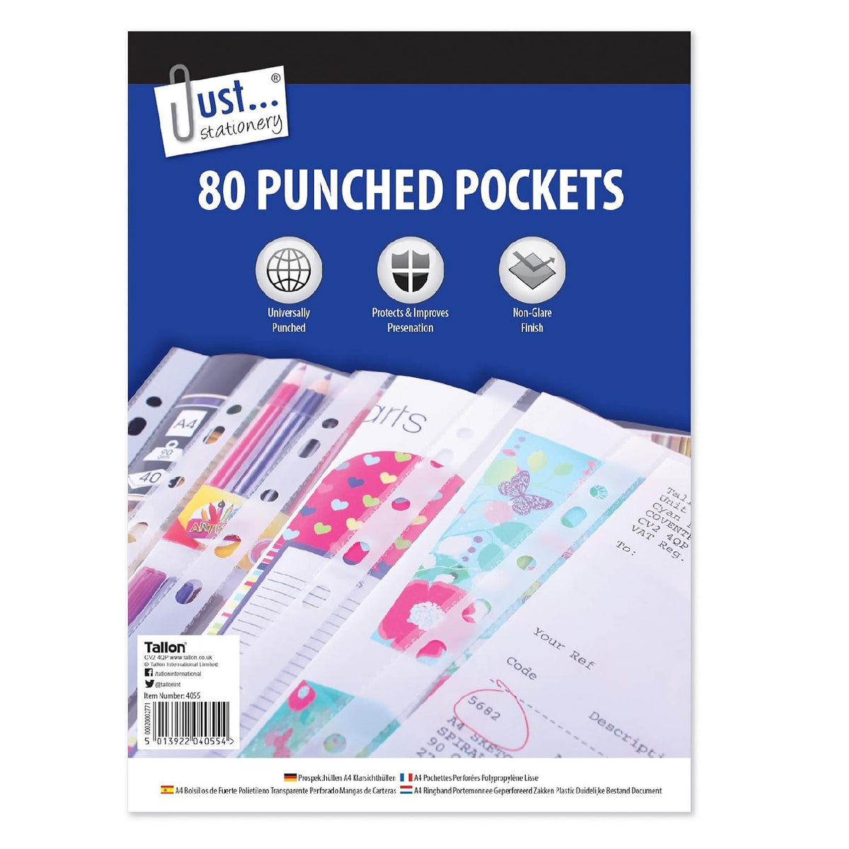 Just Stationery Plastic Punched Pockets Clear A4 Pack of 80 4055 | Suitable for all Ring Binders | Protects Presentation | Universally Punched | Non-Glare Finish | Fits A4 Paper