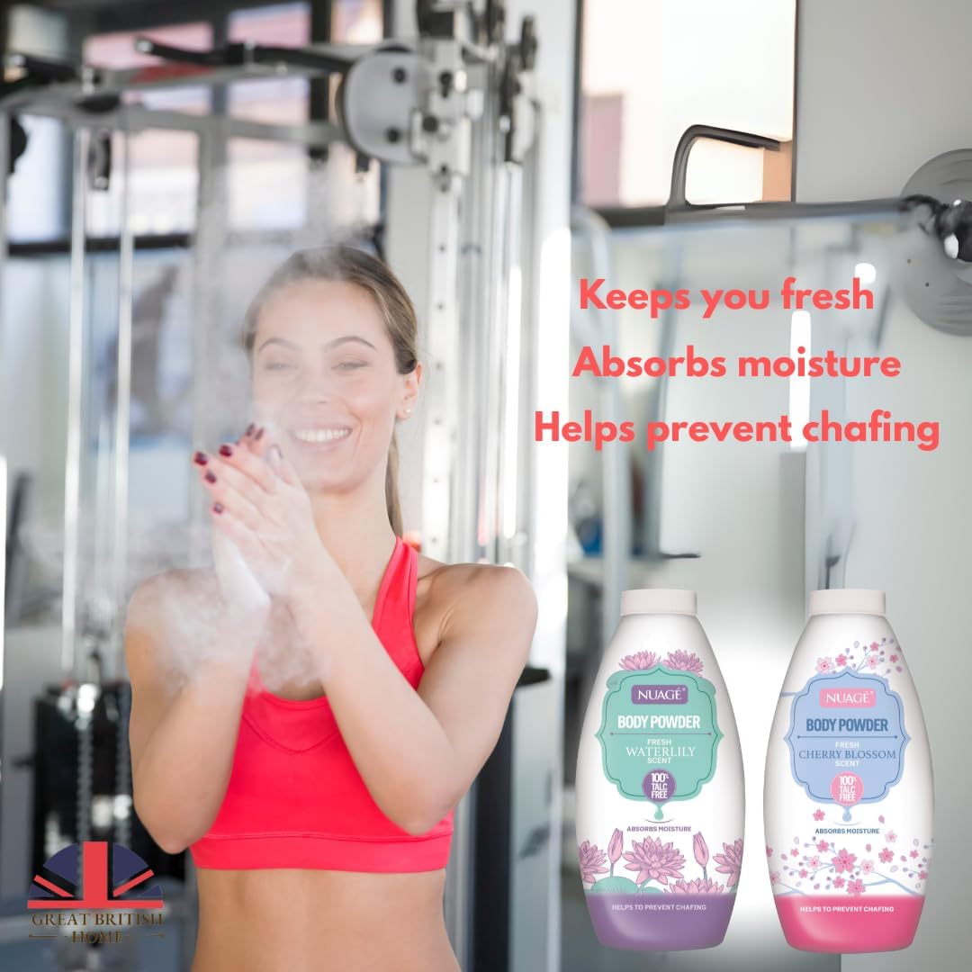 Nuage Talc-Free Body Powder Multicoloured Pack of 1 250g NUA1231 | Assorted Scents | Fresh Waterlily and Cherry Blossom | Moisture Absorbing and Anti-Chafing | Gentle Skin Care Powder