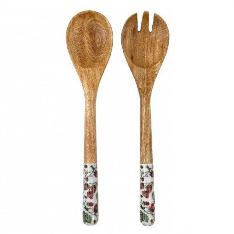 SiL Strawberry Field Wooden Salad Servers Brown 340mm x 22mm x 90mm Pack of 2 232g KG3824 | Mango Wood Utensils | For Serving Salads-Fruits and Pasta