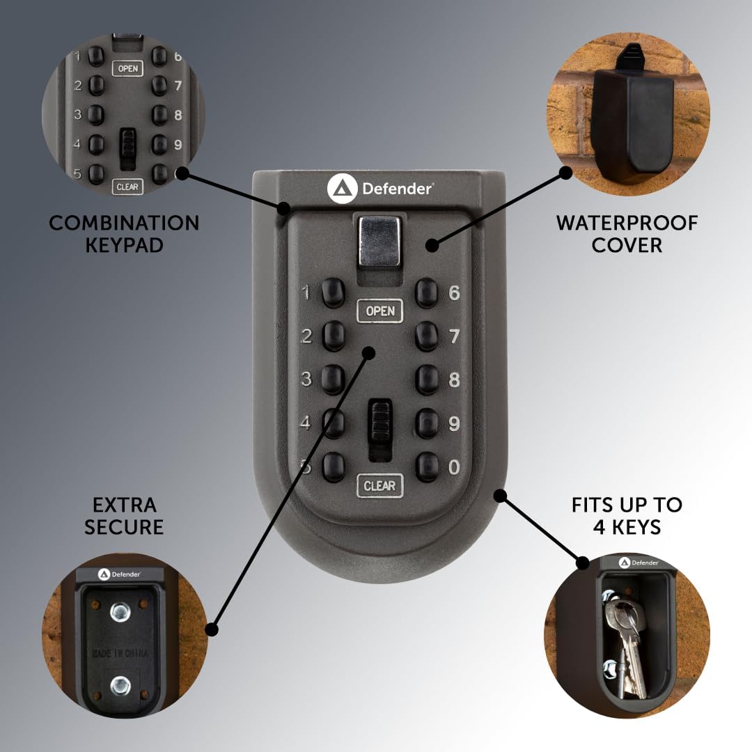 Defender Wall Mounted Compact Key Safe Black 11.8cm x 7.3cm x 6.3cm HA00800 | 10 Push Buttons | User-Friendly Keypad | Easy Operation | Weather-Resistant Cover | Comapct Design | Easy Installation | Holds Multiple Keys | Easy Press Button