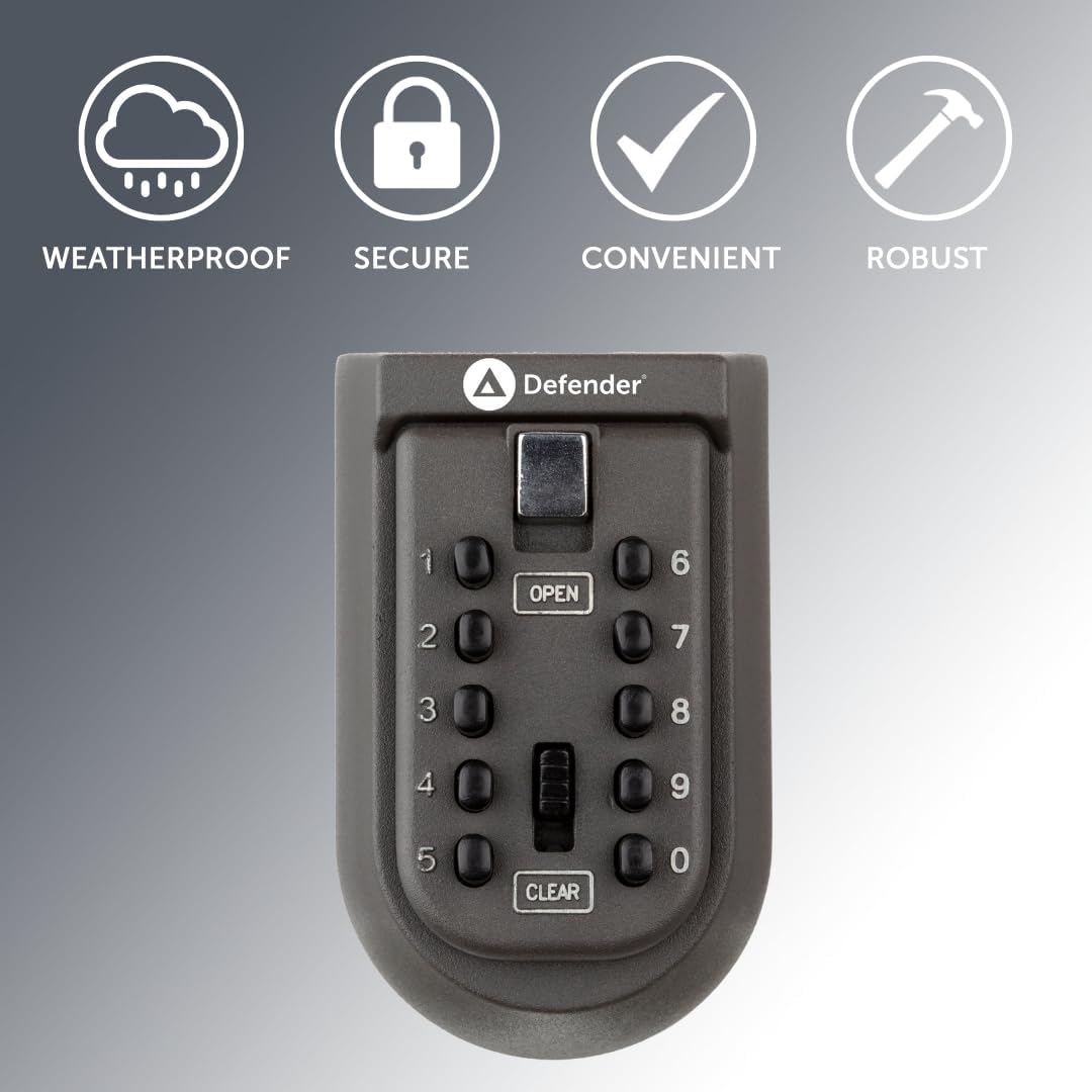 Defender Wall Mounted Compact Key Safe Black 11.8cm x 7.3cm x 6.3cm HA00800 | 10 Push Buttons | User-Friendly Keypad | Easy Operation | Weather-Resistant Cover | Comapct Design | Easy Installation | Holds Multiple Keys | Easy Press Button