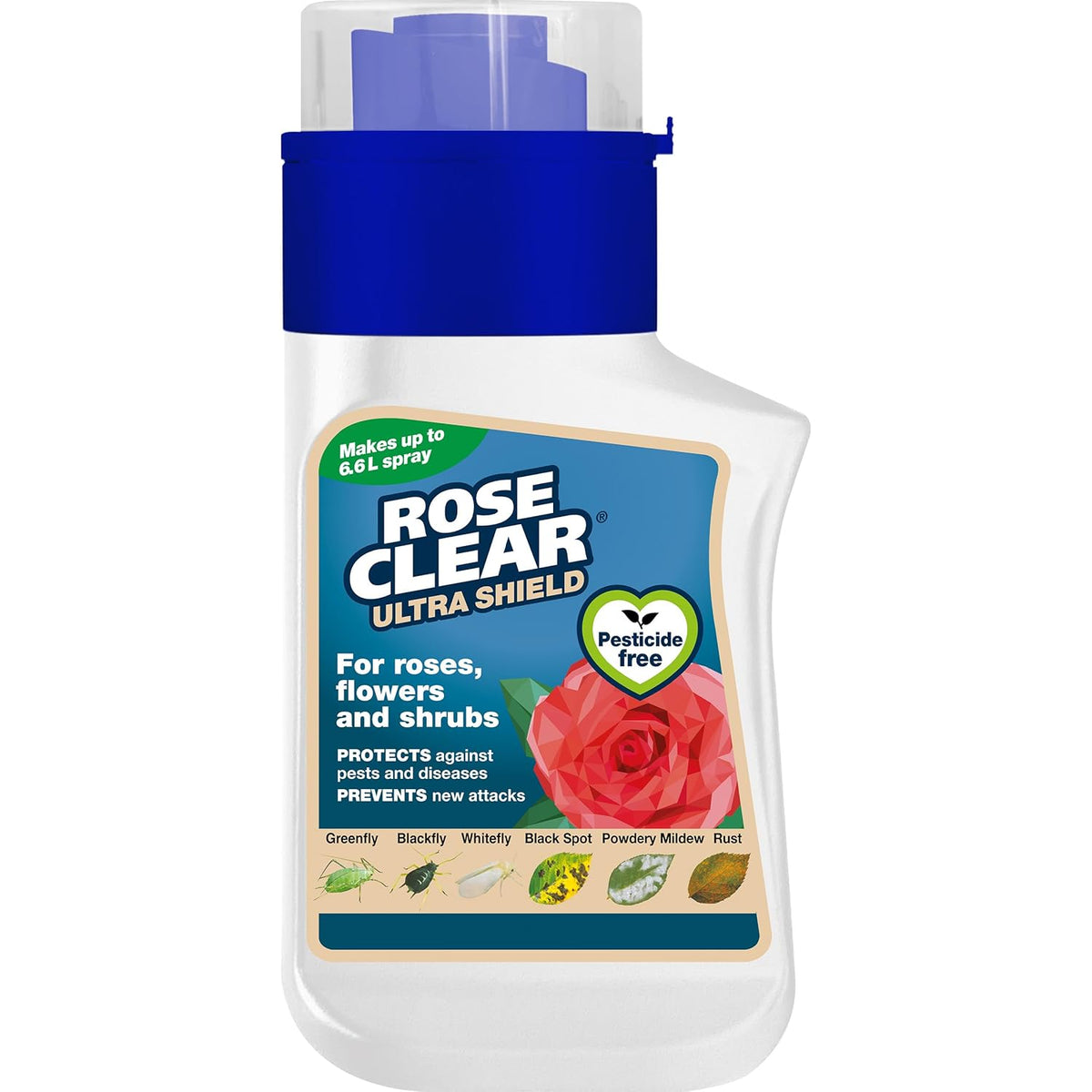 RoseClear Ultra Shield Bug Killer Clear 200ml 121372 | Pesticide Free | For Roses - Flowers and Shrubs | Protects Against Pests and Diseases | Prevents New Attacks | Make upto 6.6Ltr Spray