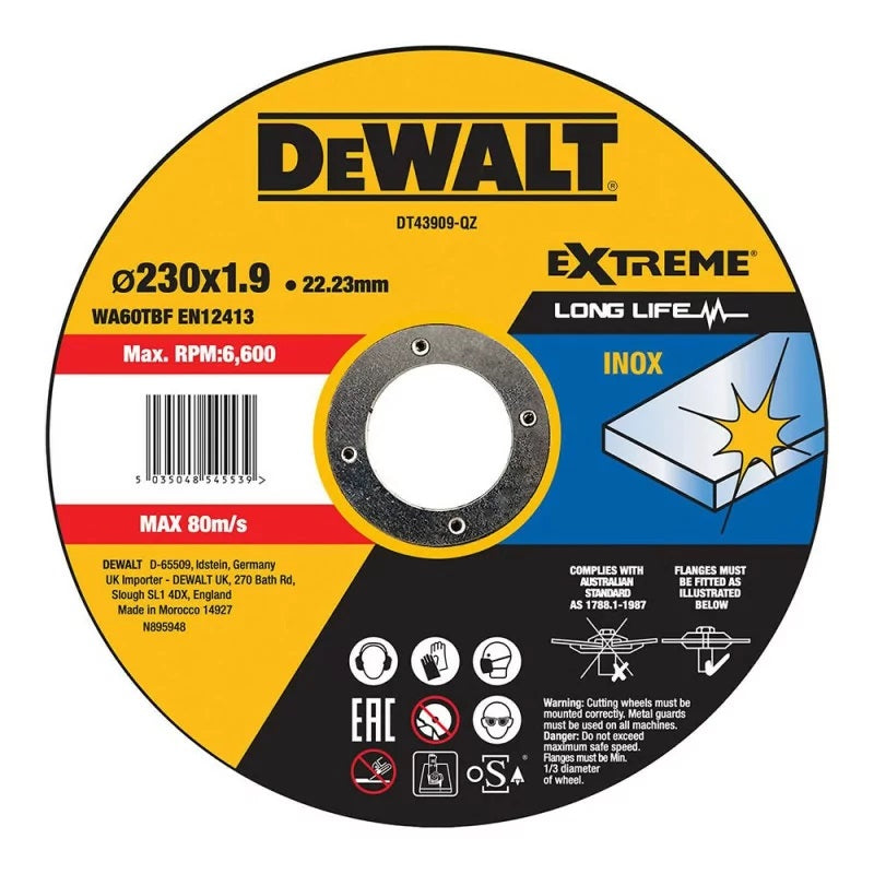 Dewalt Extreme Inox Cutting Disc Multicoloured 230mm x 1.9mm DT43909-QZ | Long Life Metal Cutting Wheel | Max RPM 6600 | 22.23mm Bore | For Stainless Steel and Inox