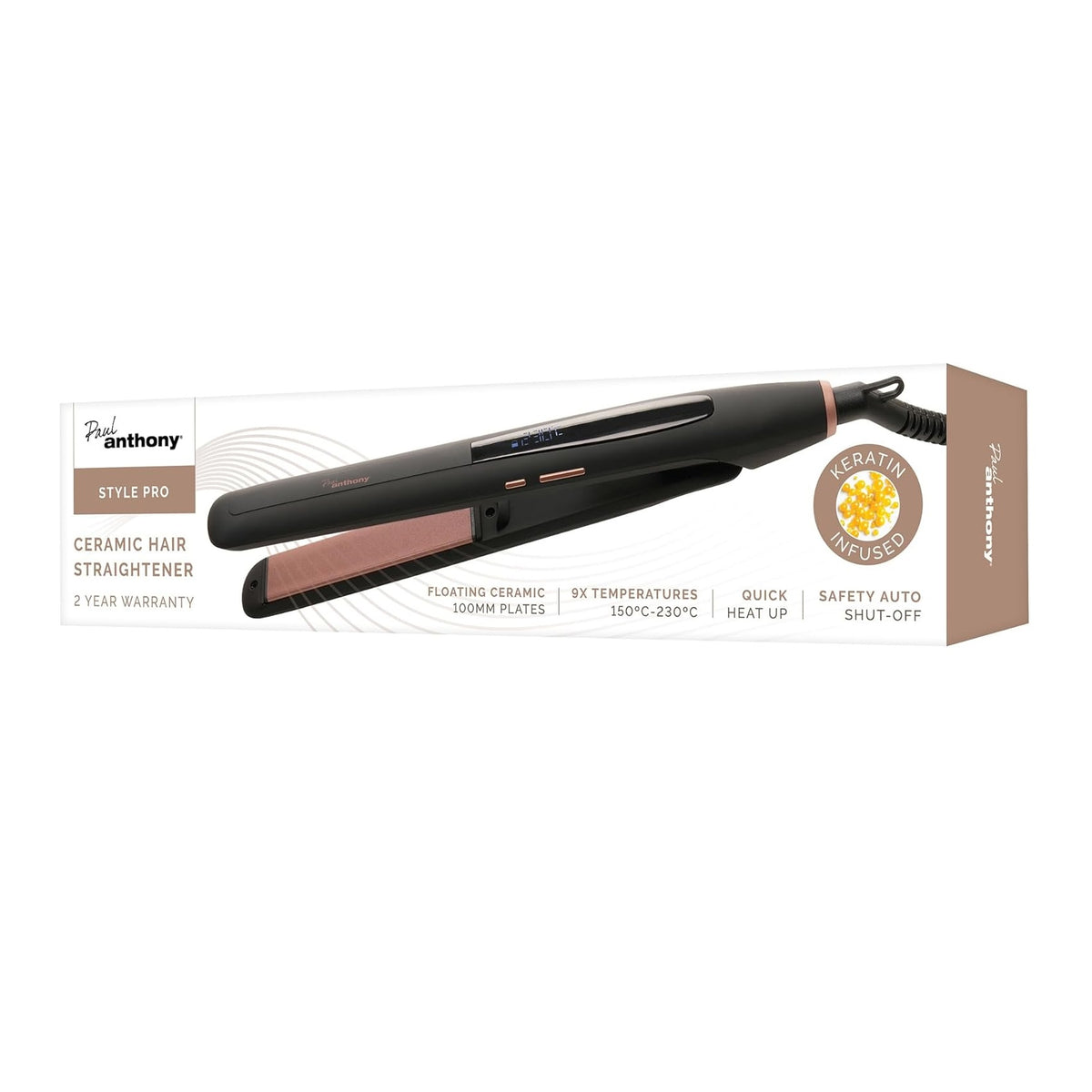 Paul Anthony Style Pro Ceramic Hair Straightener Black and Brown H2214 | 110mm Flaoting Ceramic Plates | 9 Temperature Settings | Quick Heat Up | Safety Auto Shut-Off | Rubberised Grip Handle | 100 x 25mm Long Floating Plates | Cool Touch Tip | LCD Display with Temperature | Keratin Coated Plates | 360 Degree Swivel Cord | Plate Lock Feature